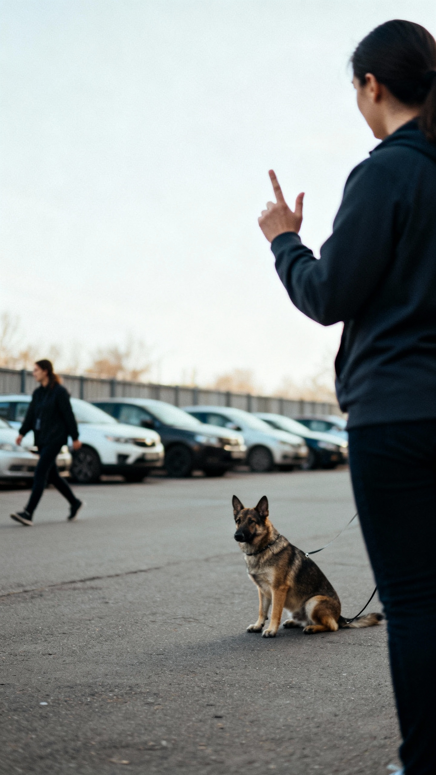 Outdoor training: handler counting with raised fingers, medium dog calm at distance from passerby, p
