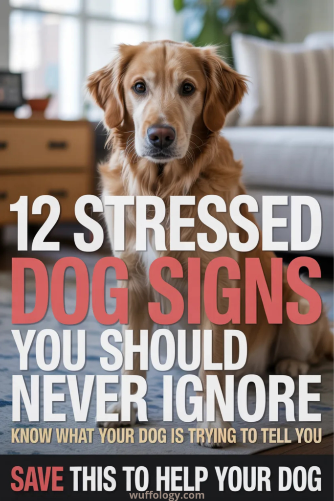 Concerned-looking golden dog sitting indoors on a rug in a living room, with large bold text overlay that reads ‘12 Stressed Dog Signs You Should Never Ignore’ and a call to action saying ‘Save This to Help Your Dog