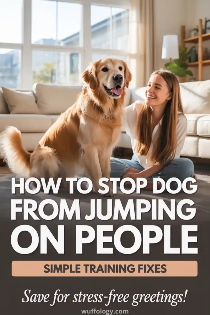 Alt text: “Woman sitting on the floor smiling at a calm Golden Retriever in a bright living room. Large text on the image reads ‘How to stop dog from jumping on people – Simple Training Fixes’ with a call to action ‘Save for stress-free greetings!’ and the website wuffology.com at the bottom