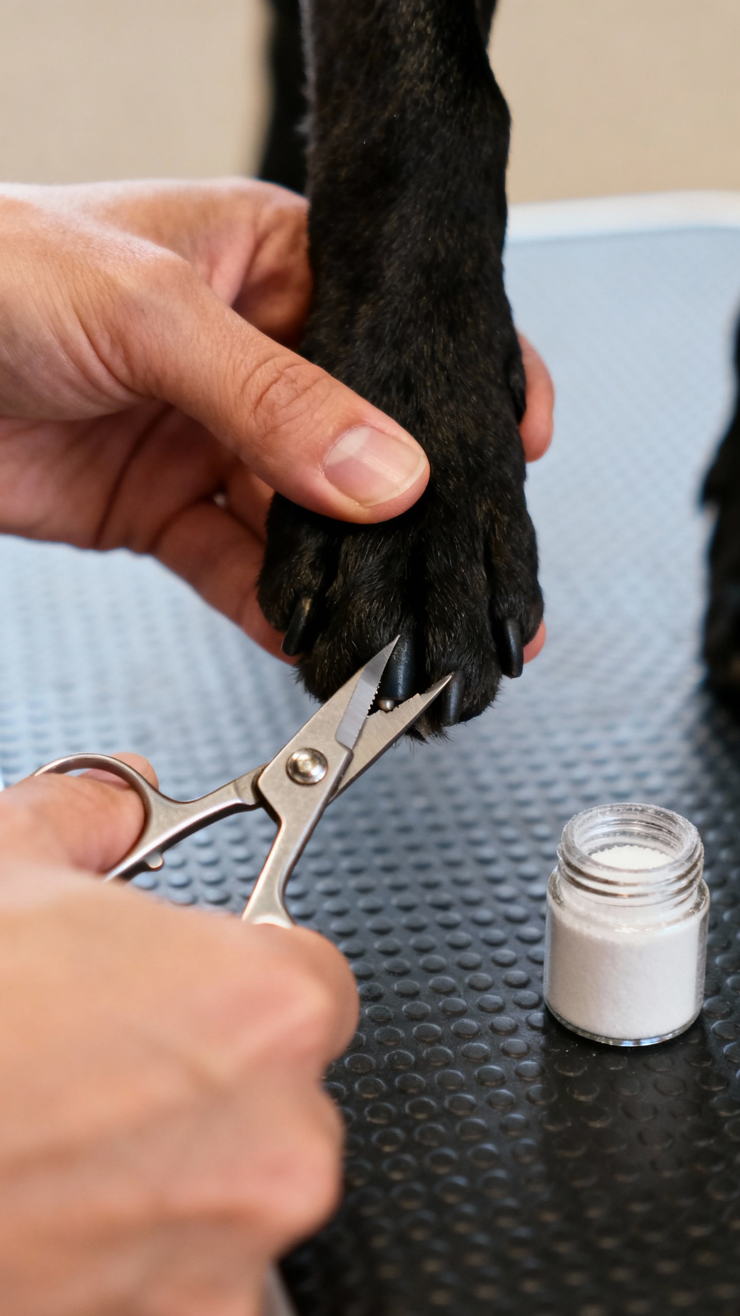 Closeup of hand trimming black dog nail with scissor clippers, styptic powder jar nearby, non-slip m