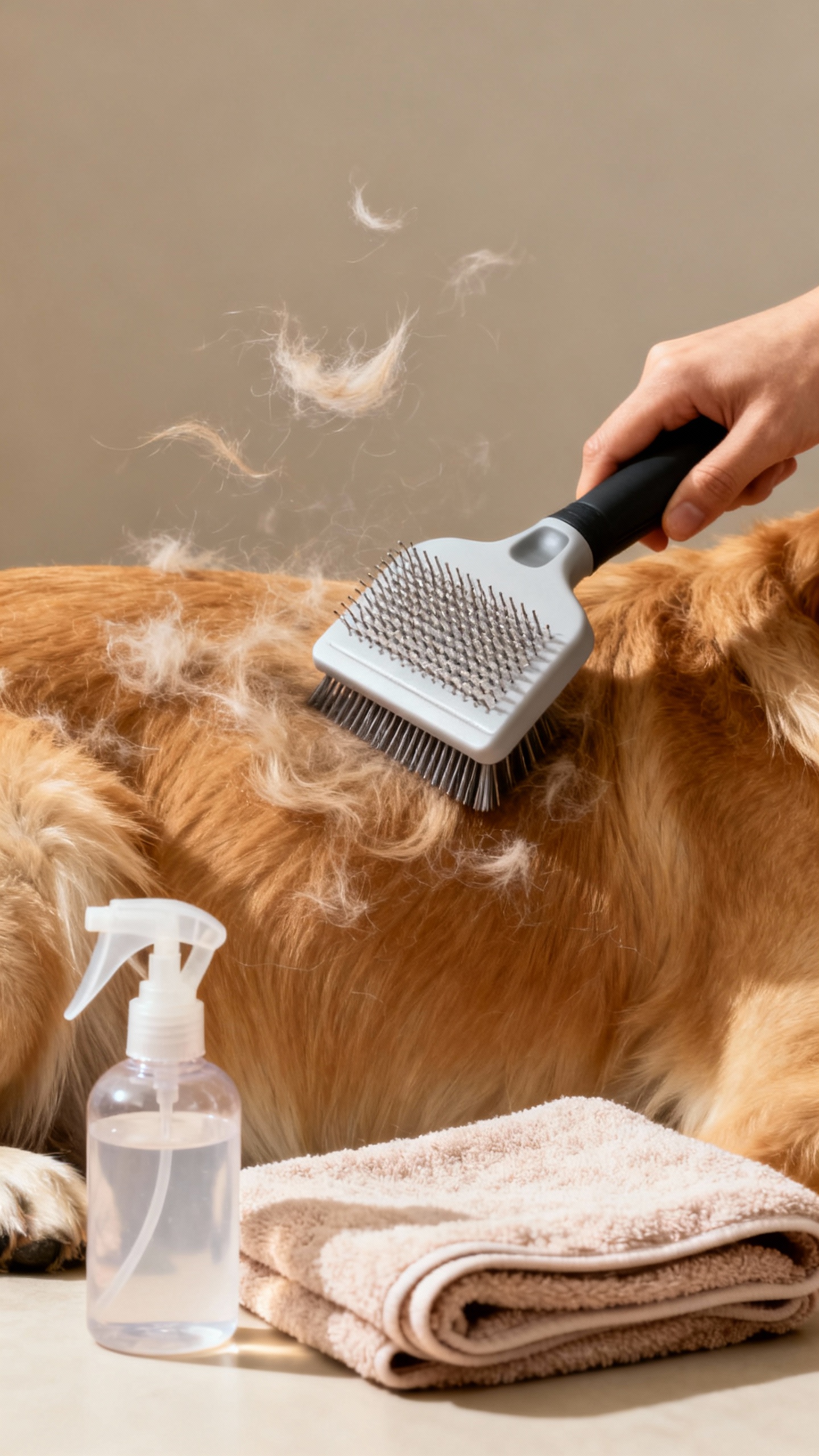 Closeup of slicker brush removing loose fur from golden retriever double coat, detangling spray bott