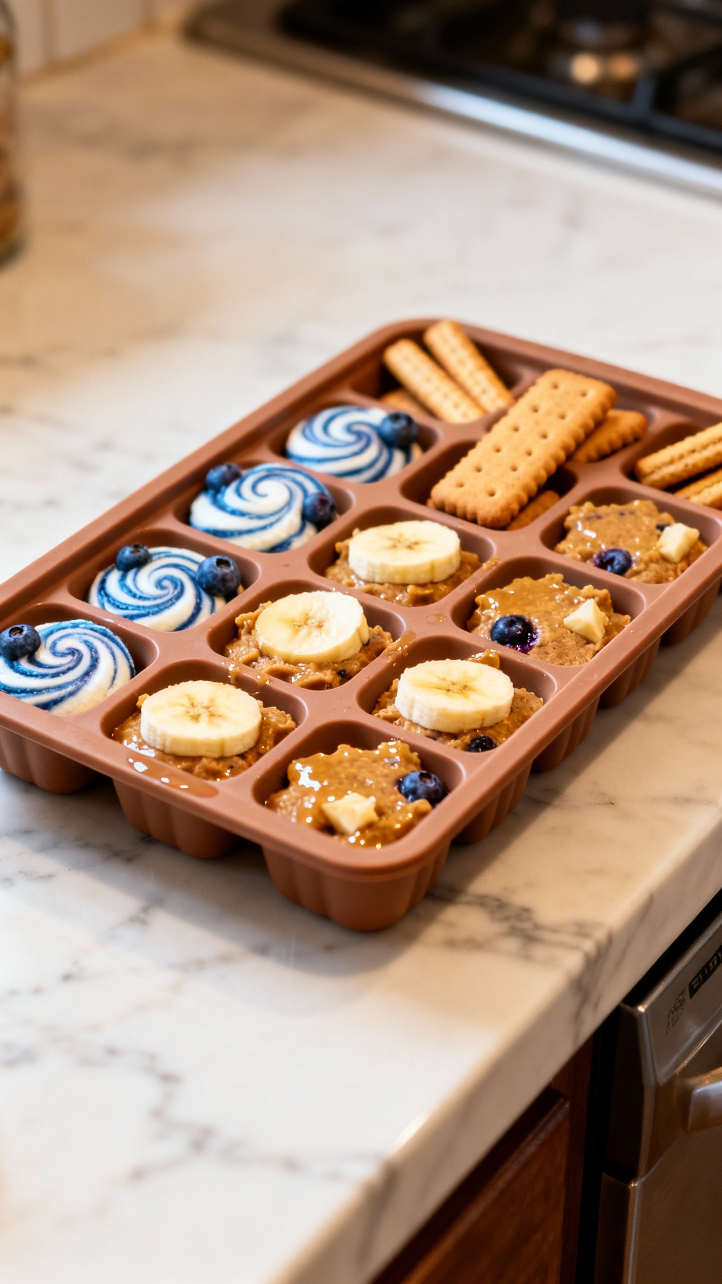Closeup silicone ice cube tray filled with peanut-banana dog treats, blueberry swirls and biscuit st