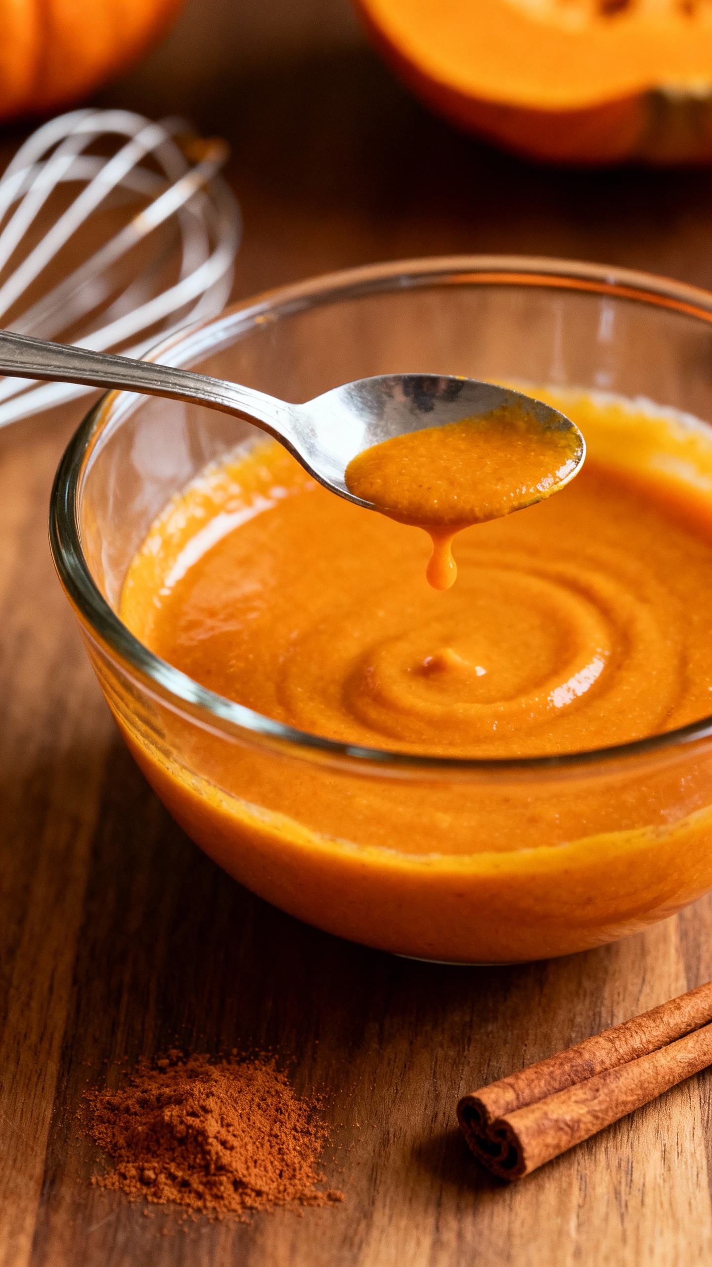 Whisked coconut milk and pumpkin puree in glass bowl, creamy orange texture, spoon dripping, cinnamo