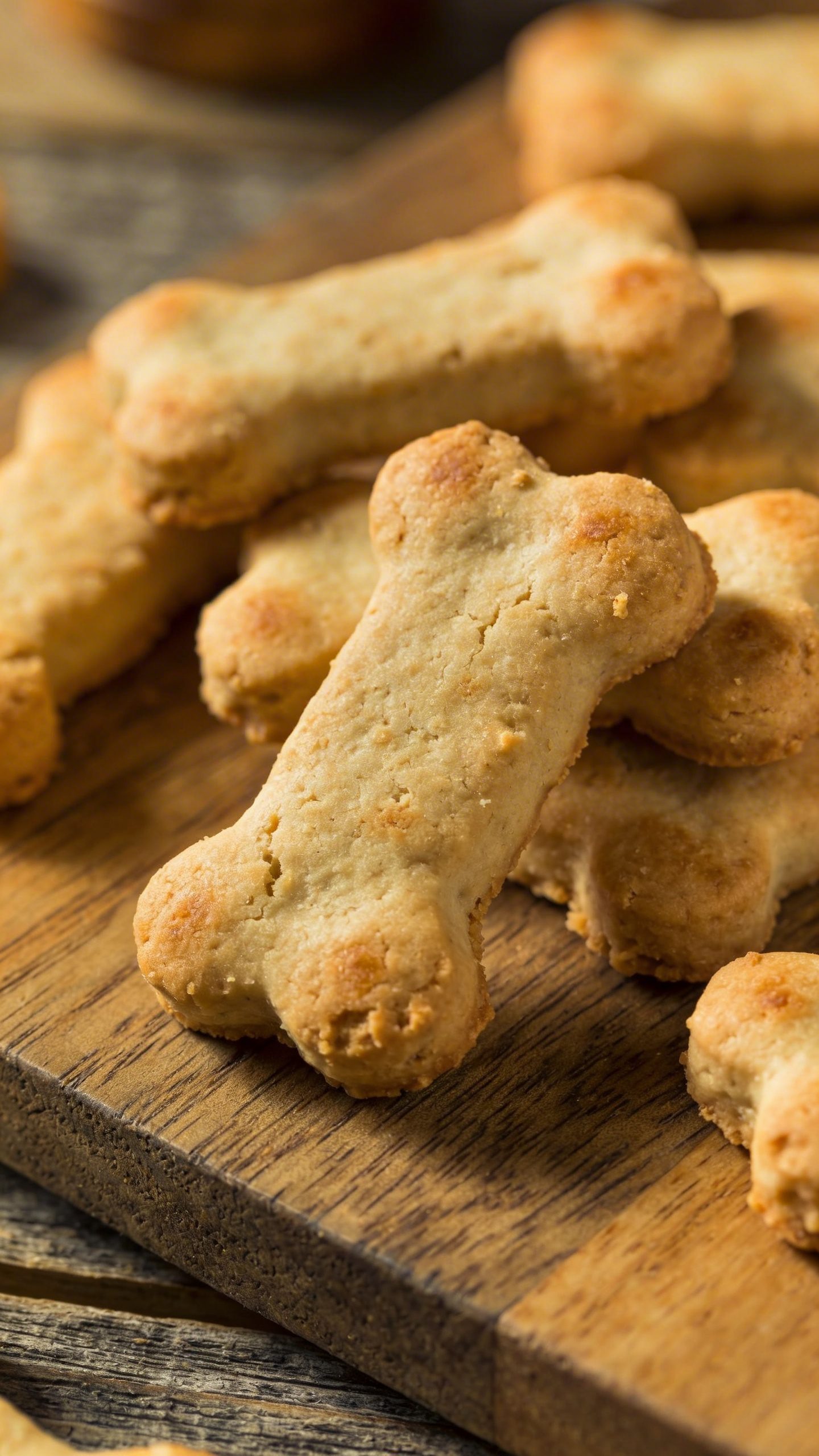 Homemade dog biscuits arranged on rustic wooden board