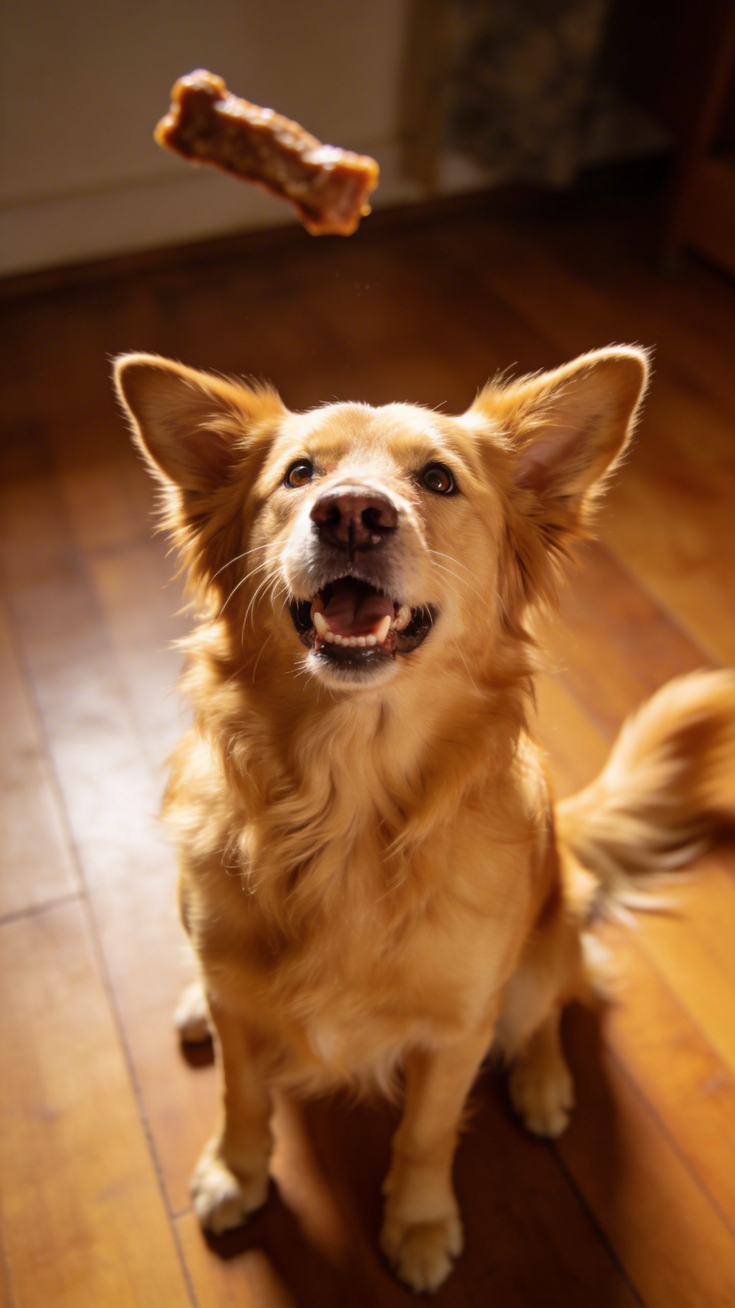 Happy golden retriever waiting eagerly for treat reward