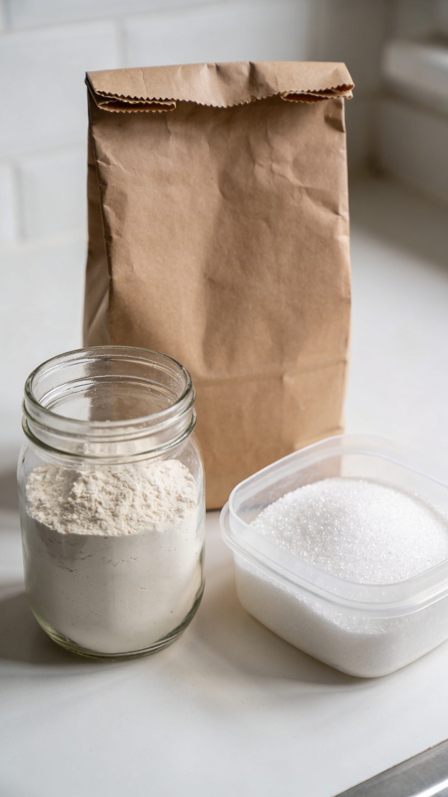 Three simple baking ingredients on clean kitchen counter