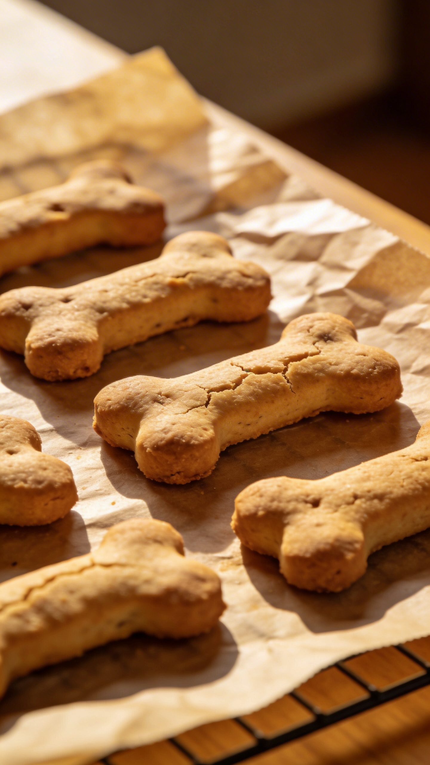 Fresh-baked bone-shaped dog treats cooling on parchment paper