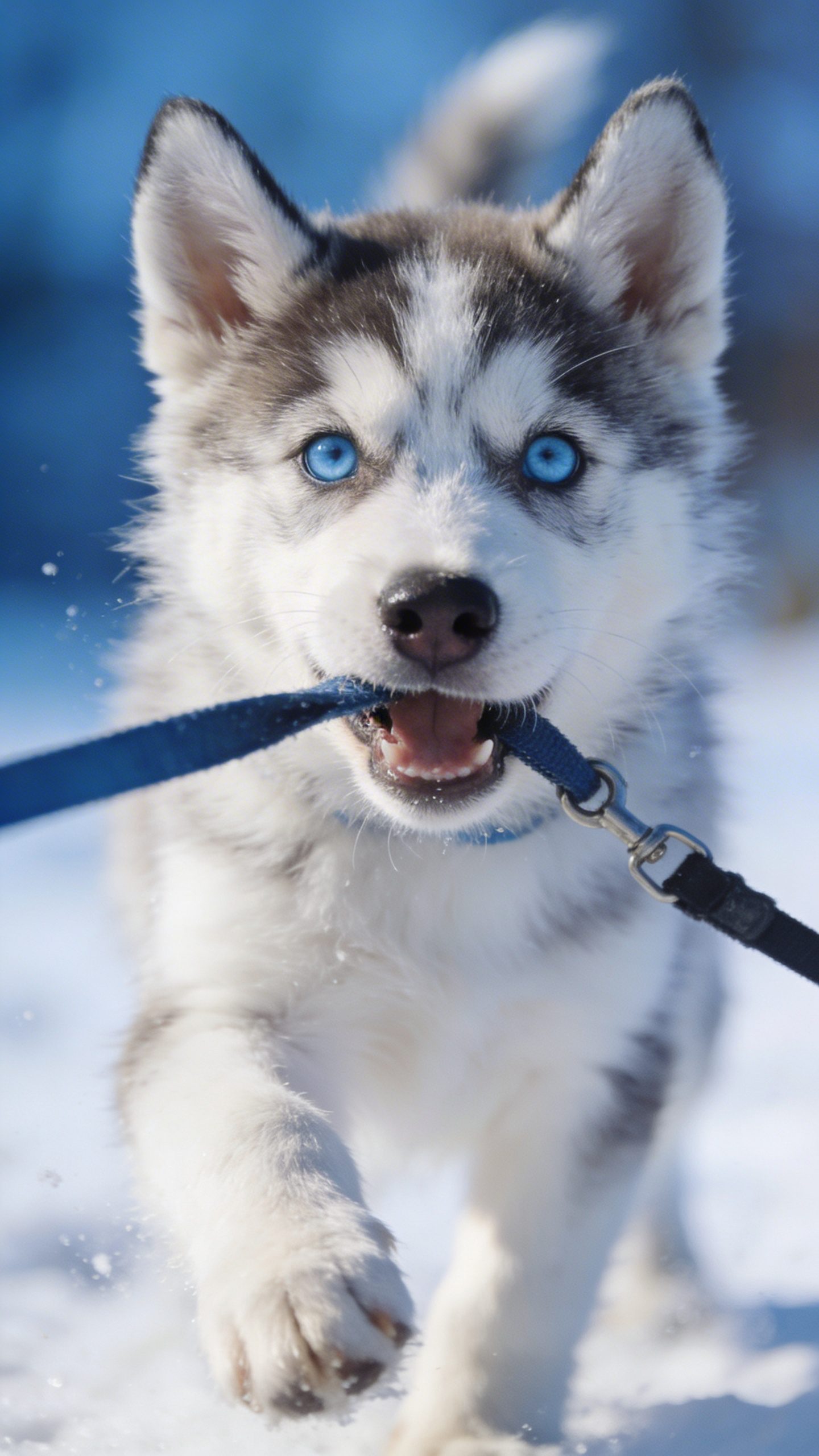 Siberian Husky puppy with blue eyes pulling on leash