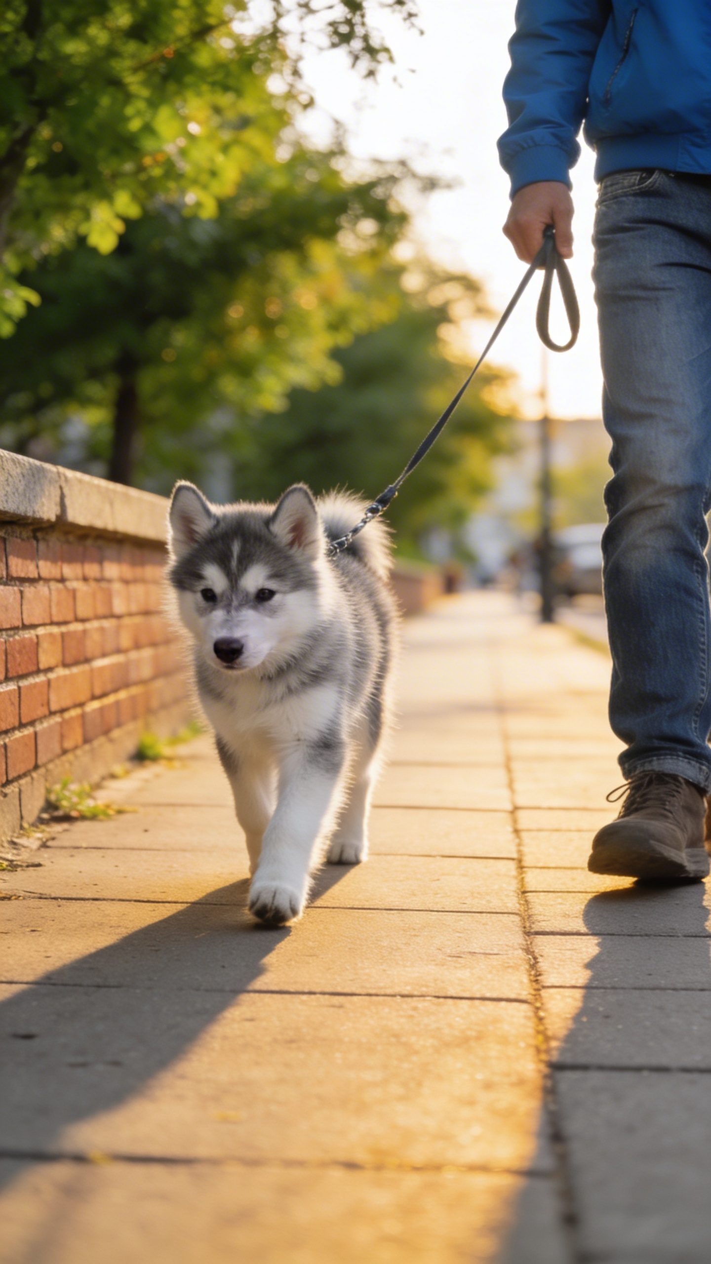 Husky puppy walking calmly beside owner on sidewalk