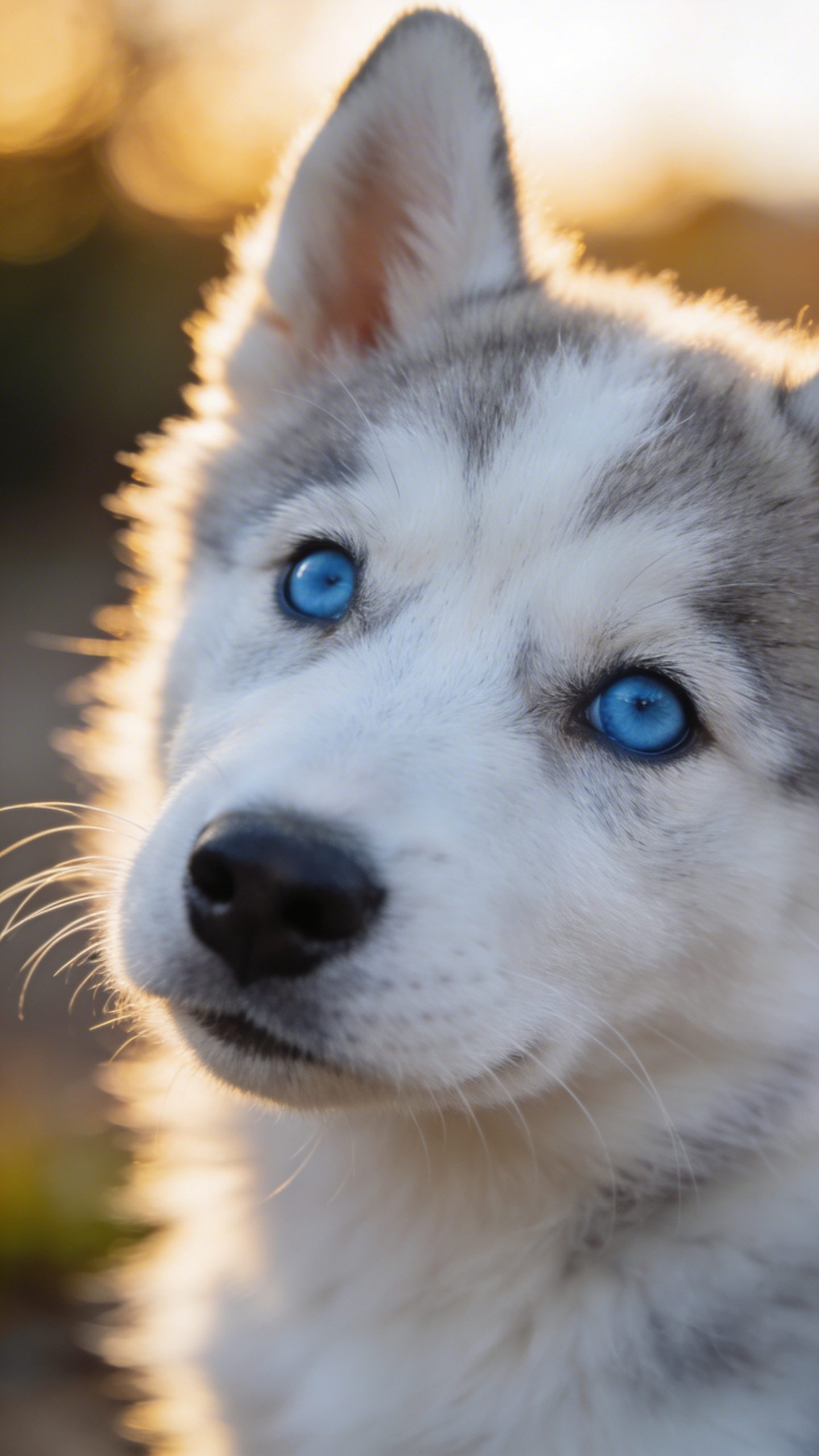 Close-up fluffy Siberian Husky puppy face with blue eyes