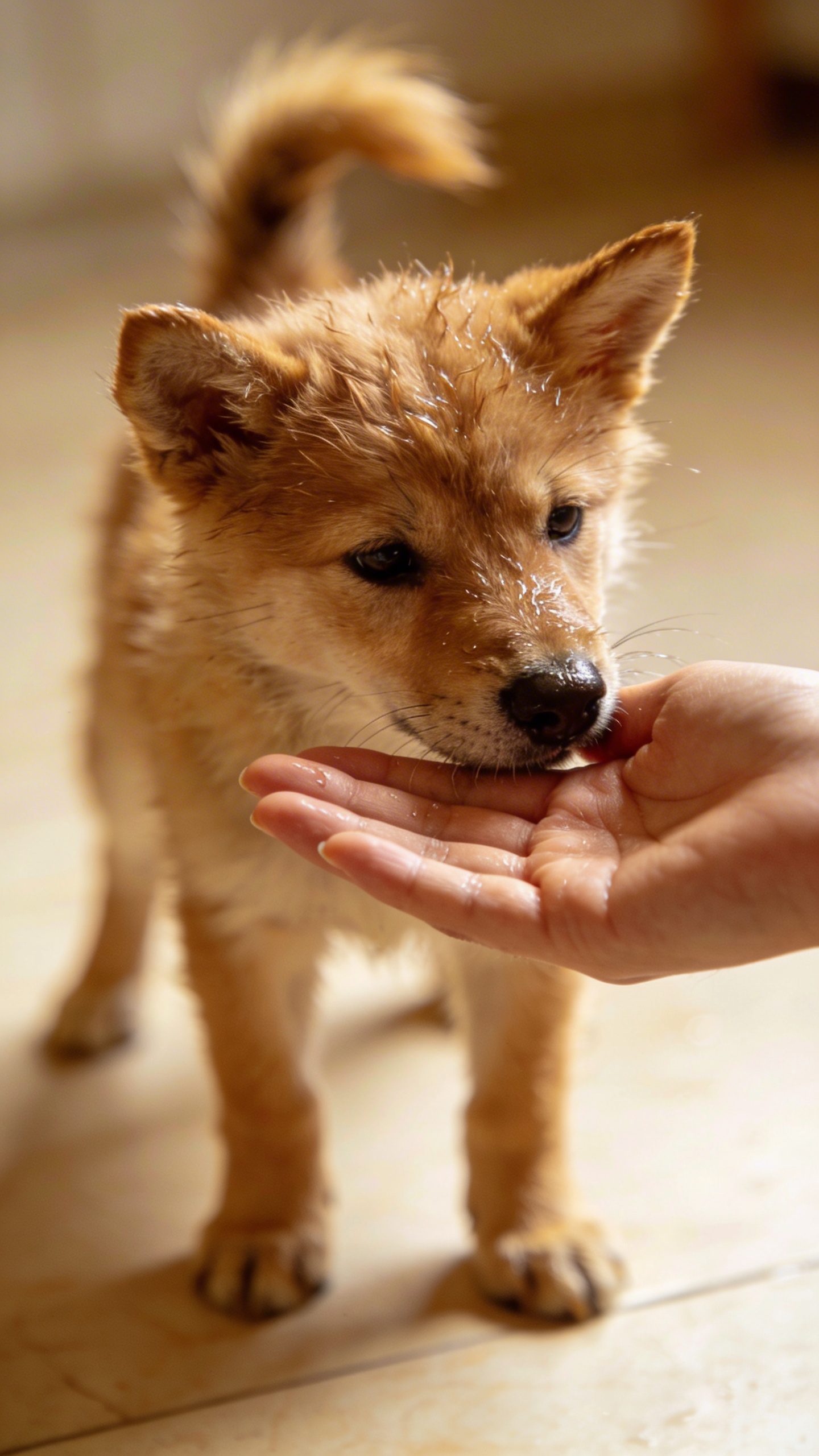 New puppy sniffing owner's hand, first meeting moment