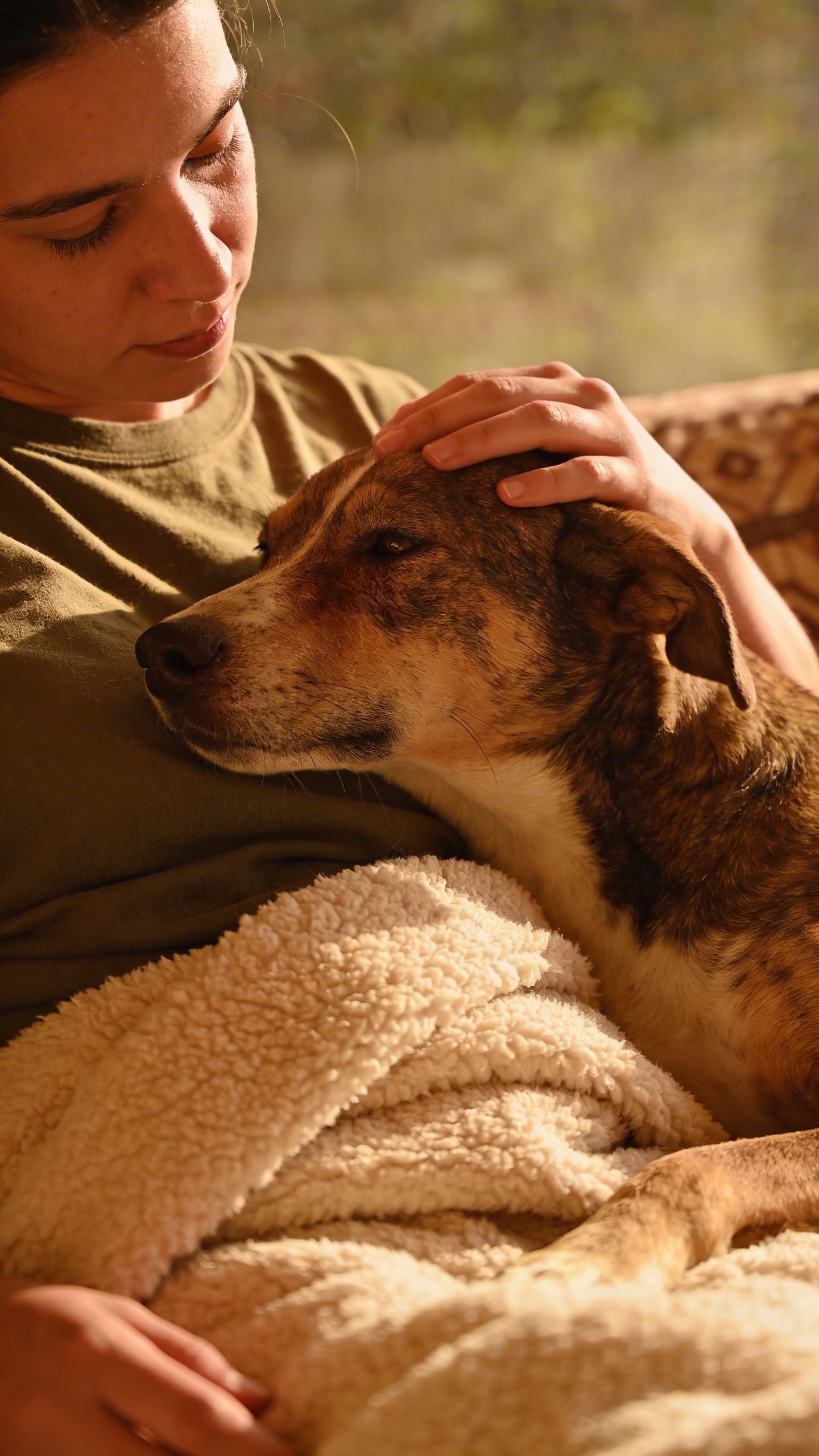 Owner and rescue dog sitting together, bonding session
