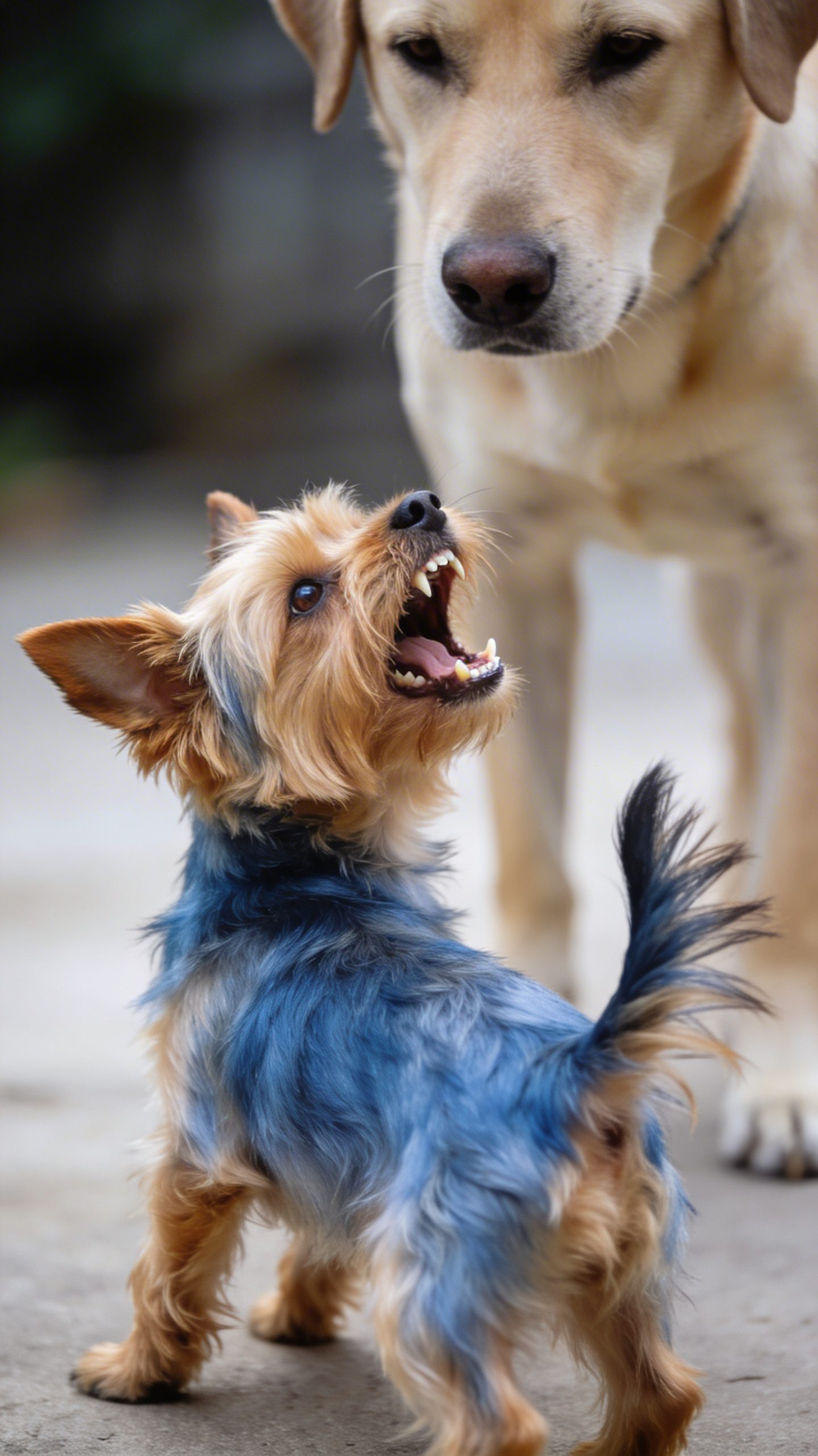 Tiny Yorkshire Terrier barking aggressively at large dog