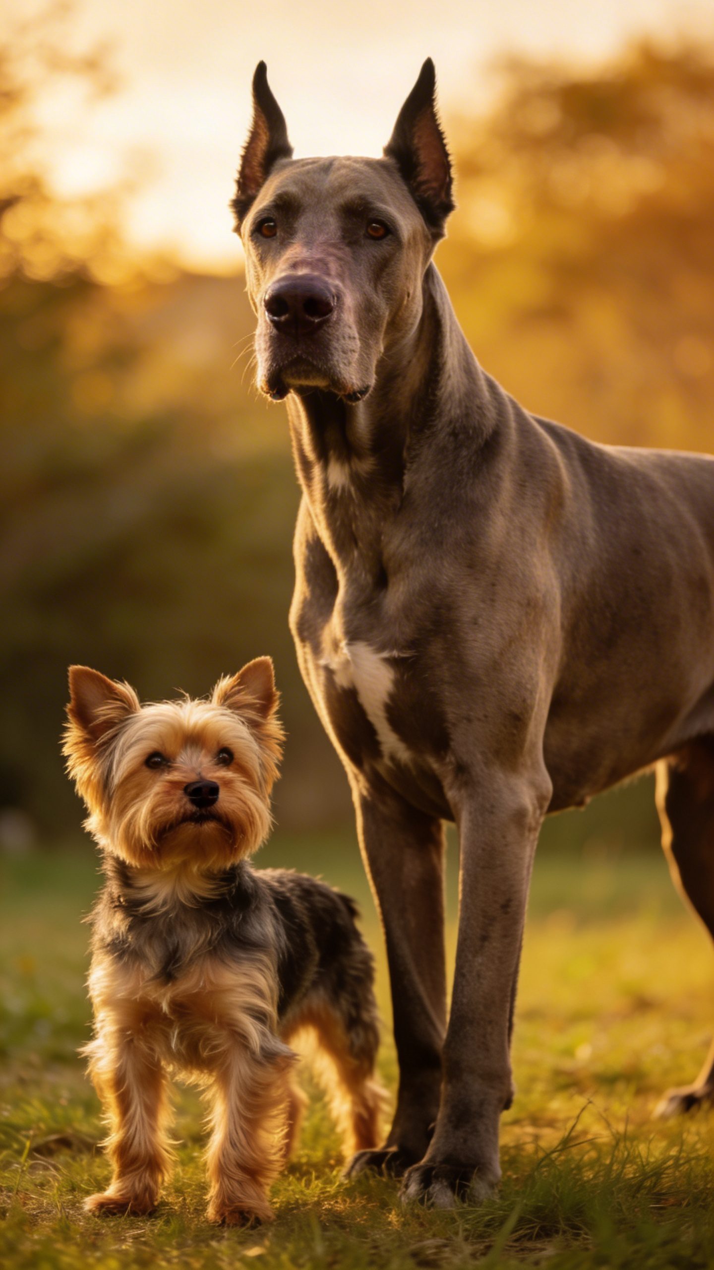 Small Yorkie standing confidently next to Great Dane