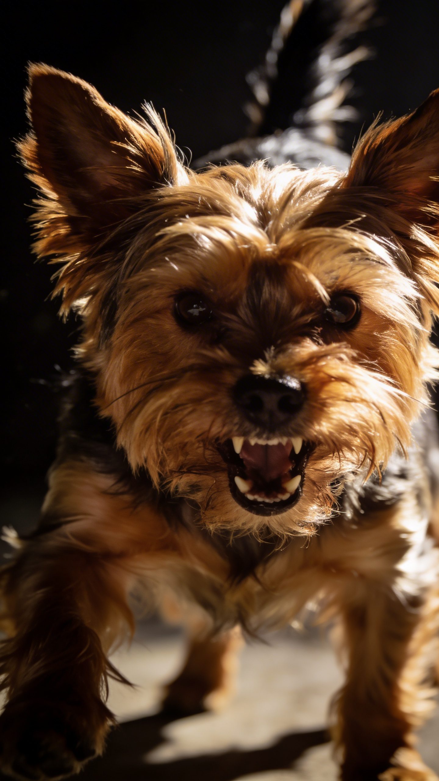 Yorkshire Terrier in attack stance, dramatic lighting