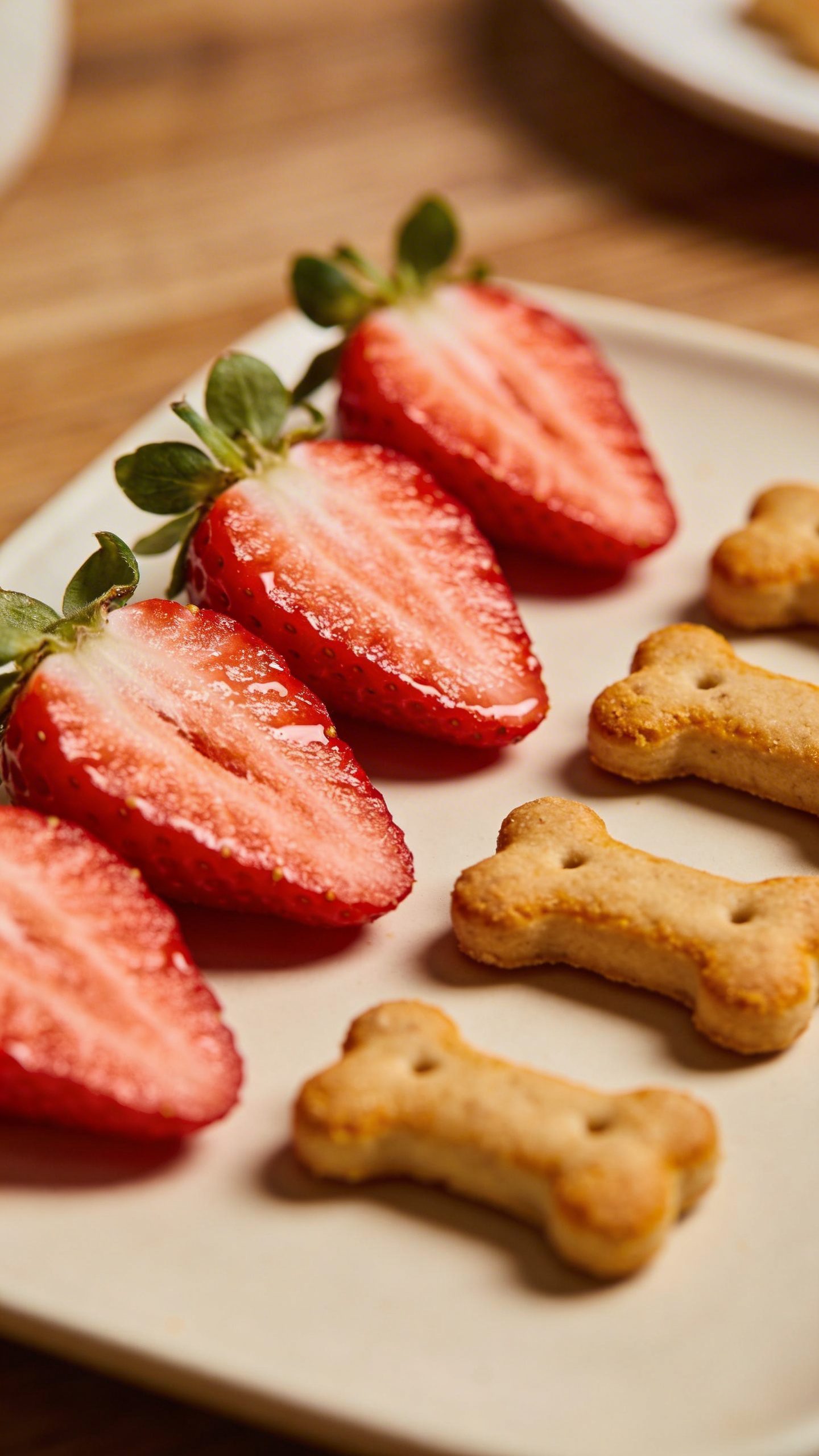 Sliced strawberries arranged next to dog treats