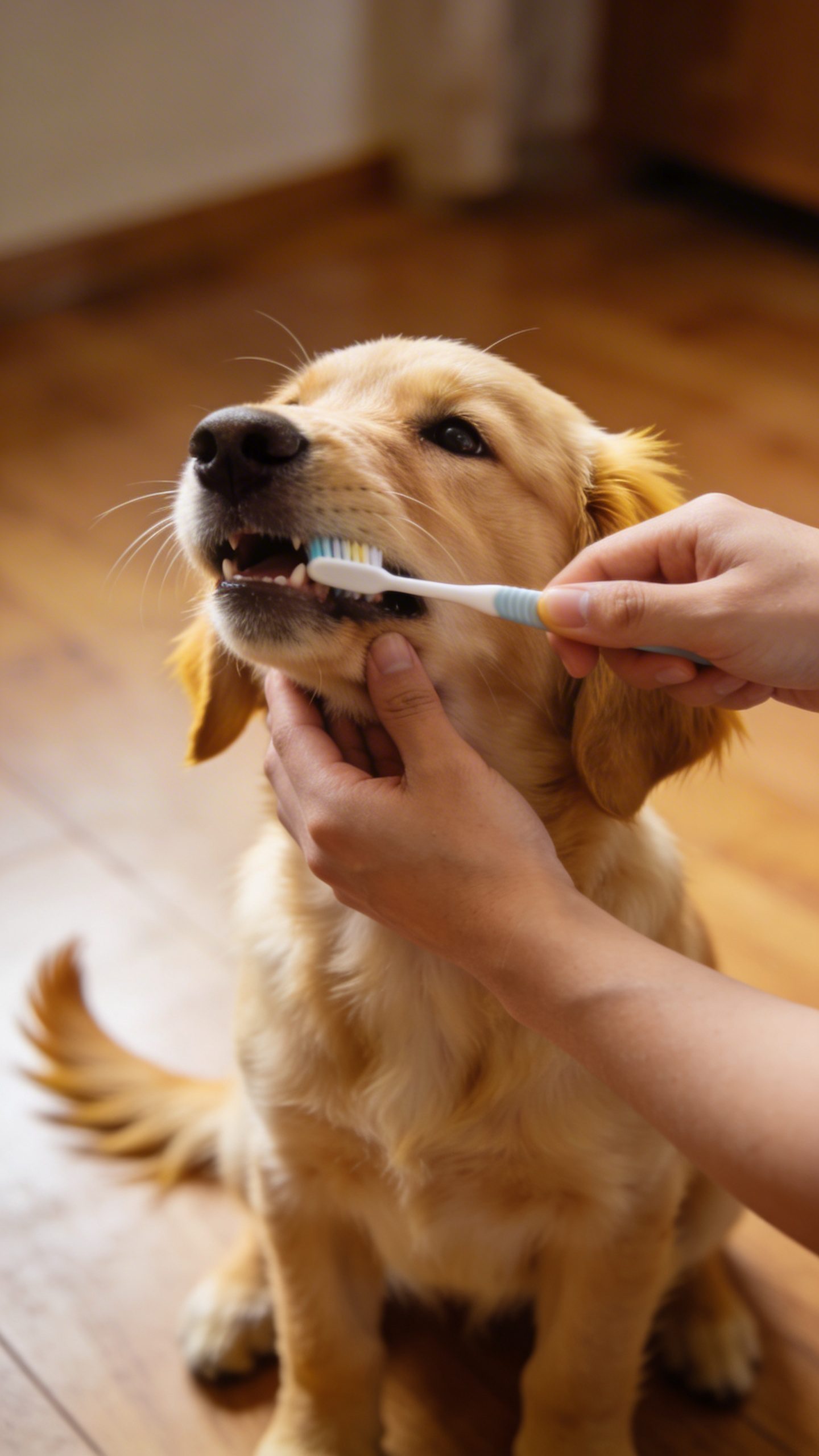 Golden retriever puppy getting teeth brushed by owner