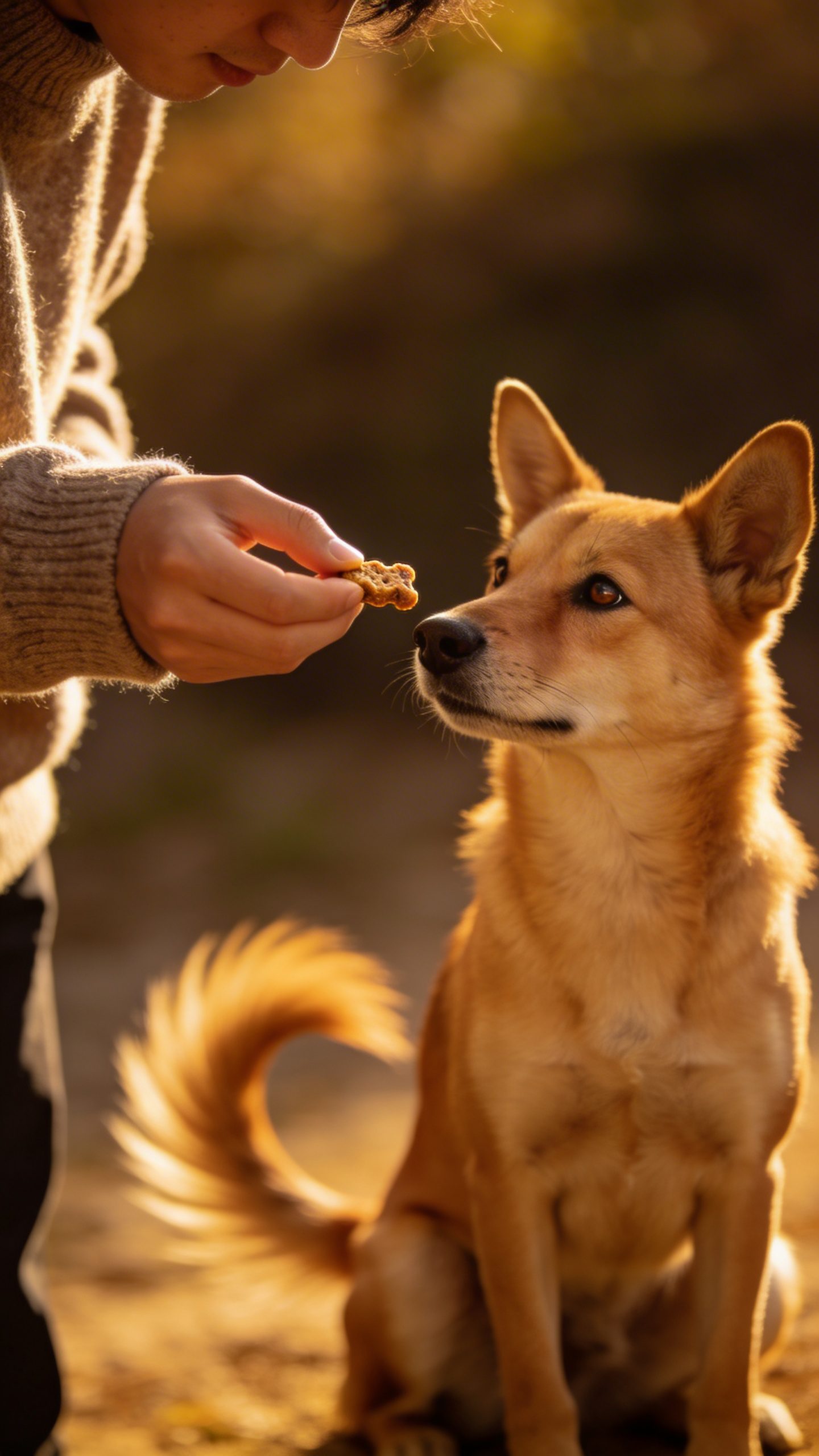 Owner holding dog treat rewarding cooperative pet