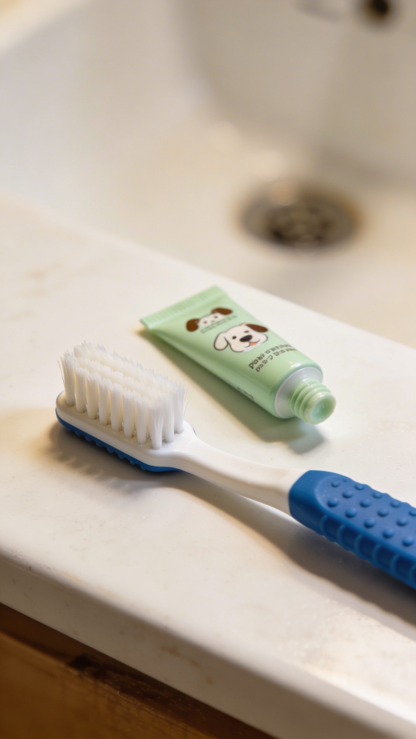 Dog toothbrush and pet toothpaste on bathroom counter