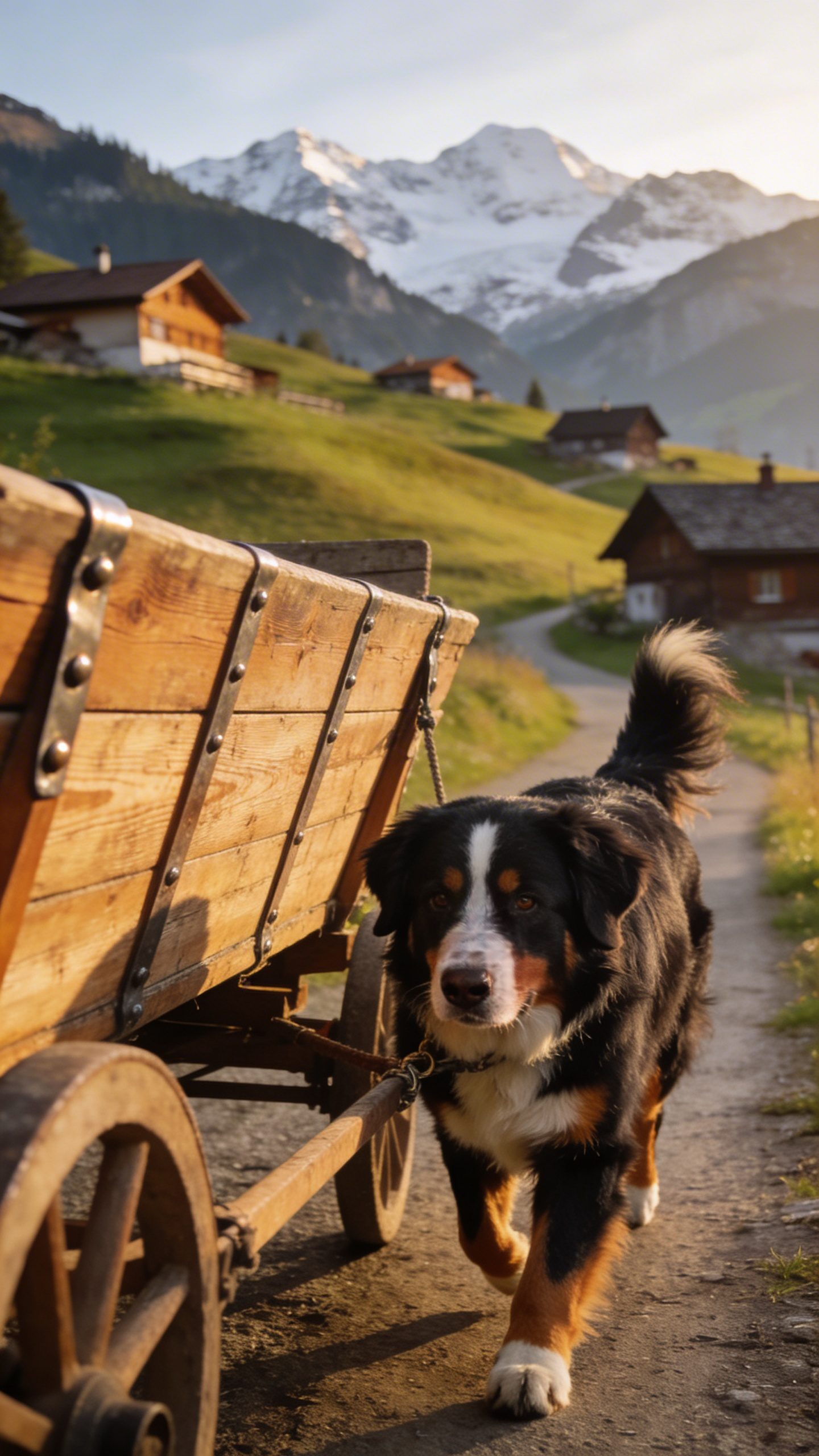 Bernese Mountain Dog pulling wooden cart in Switzerland