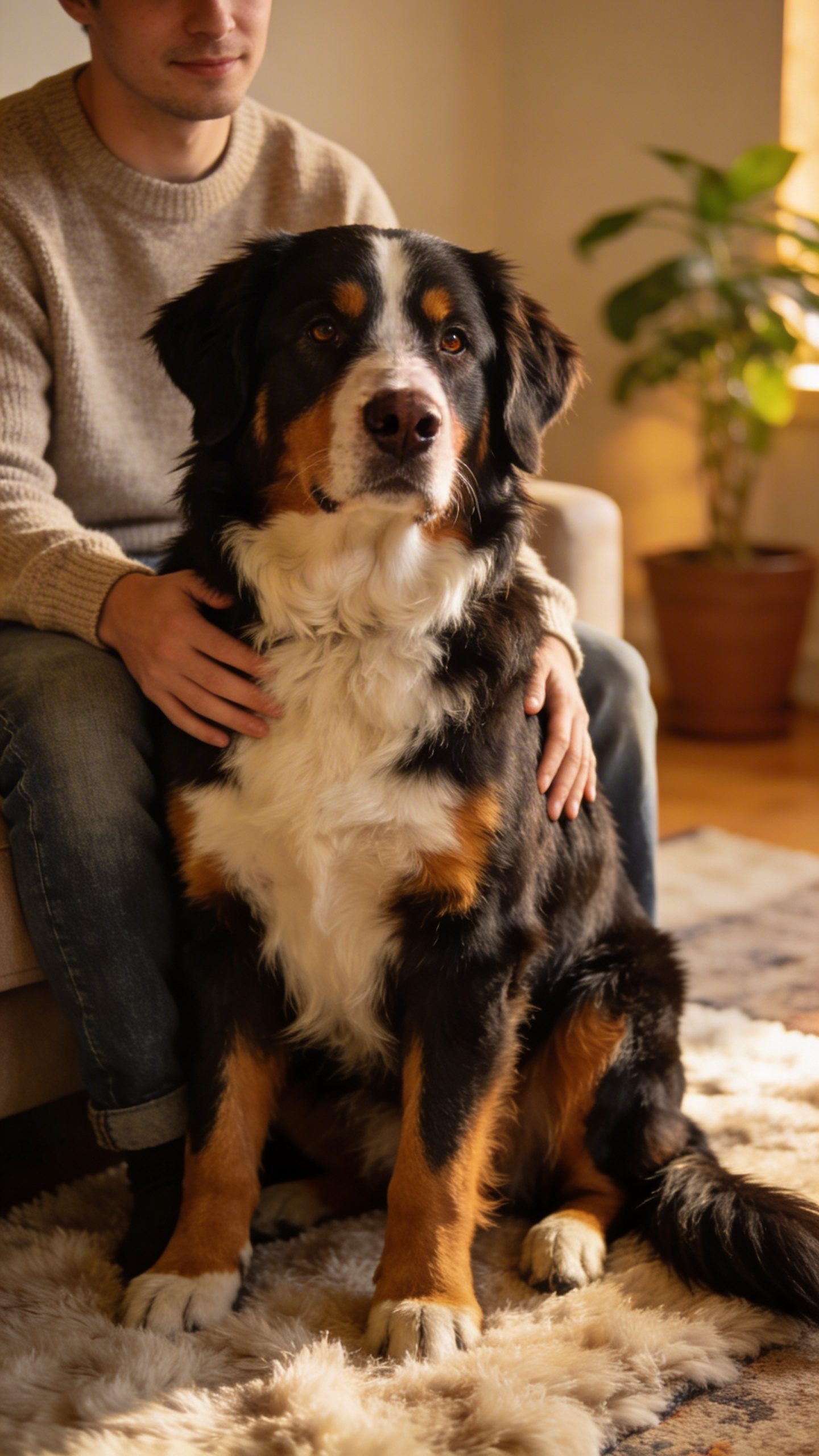 Large Bernese Mountain Dog sitting on owner's lap