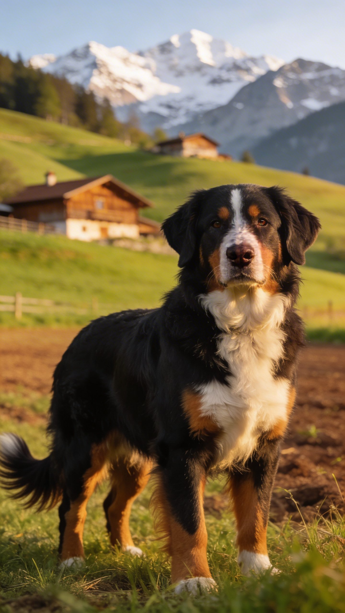 Bernese Mountain Dog with Swiss farmland background