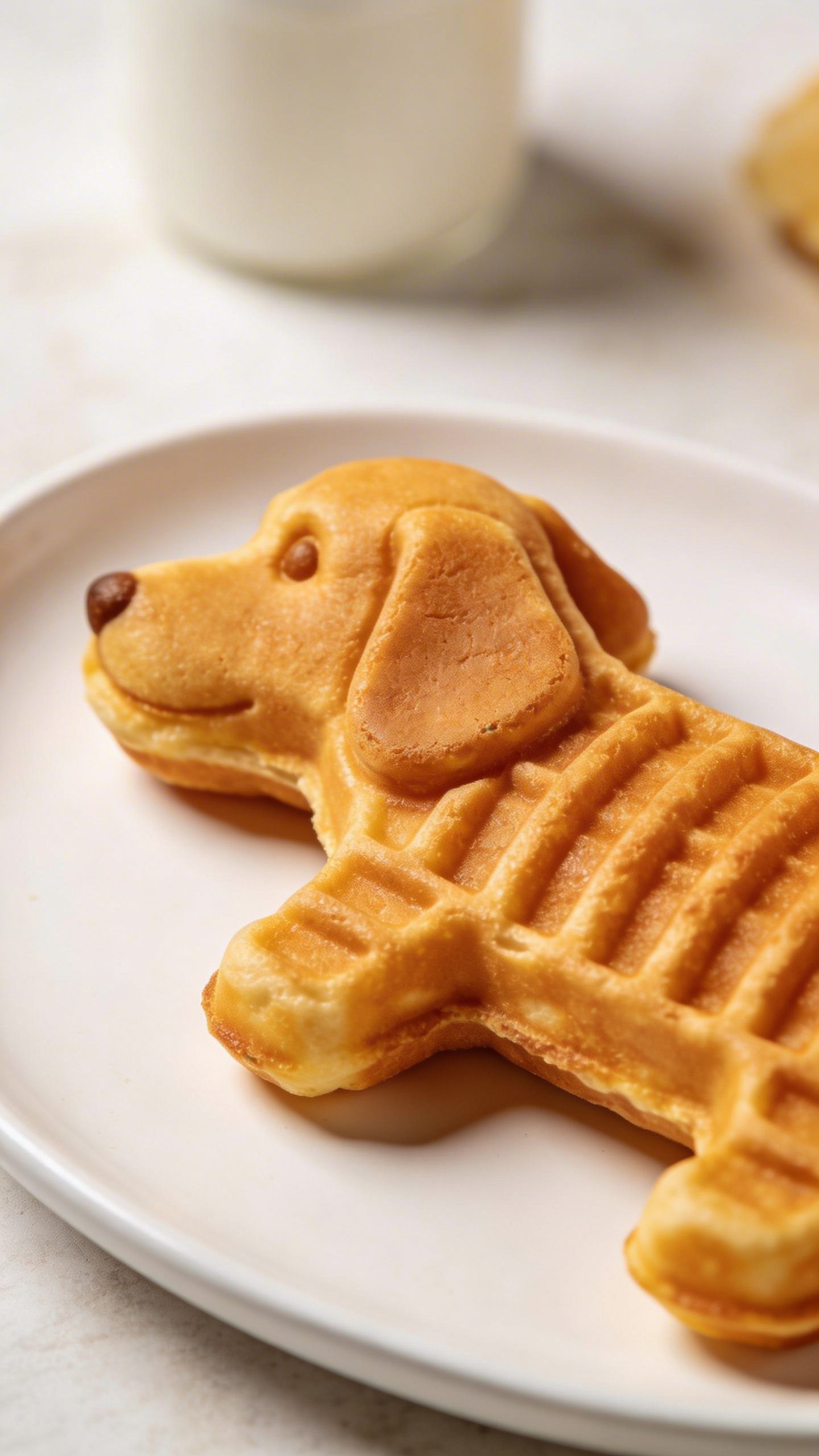 Golden dog waffle on white plate showing ridges