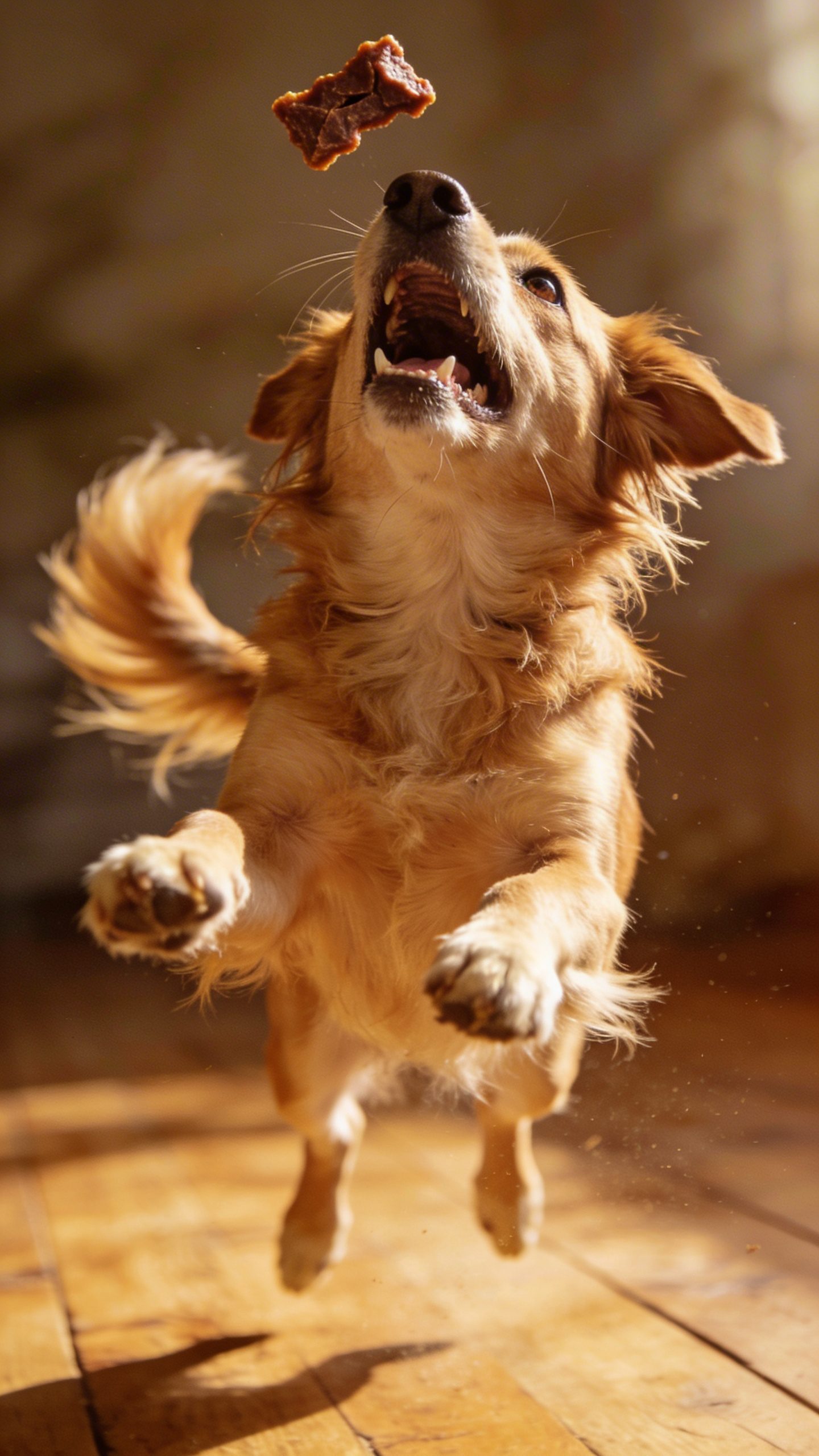 Energetic dog jumping after eating chicken liver treats