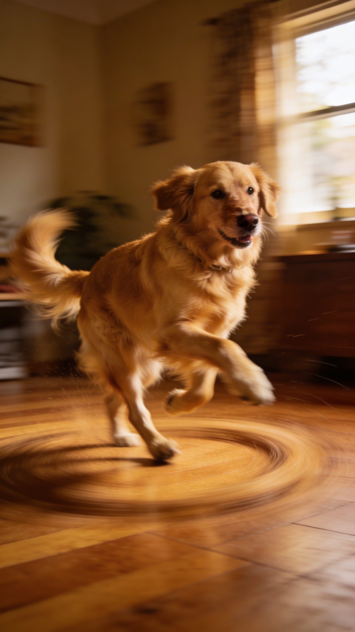 Golden retriever running in circles indoors, motion blur