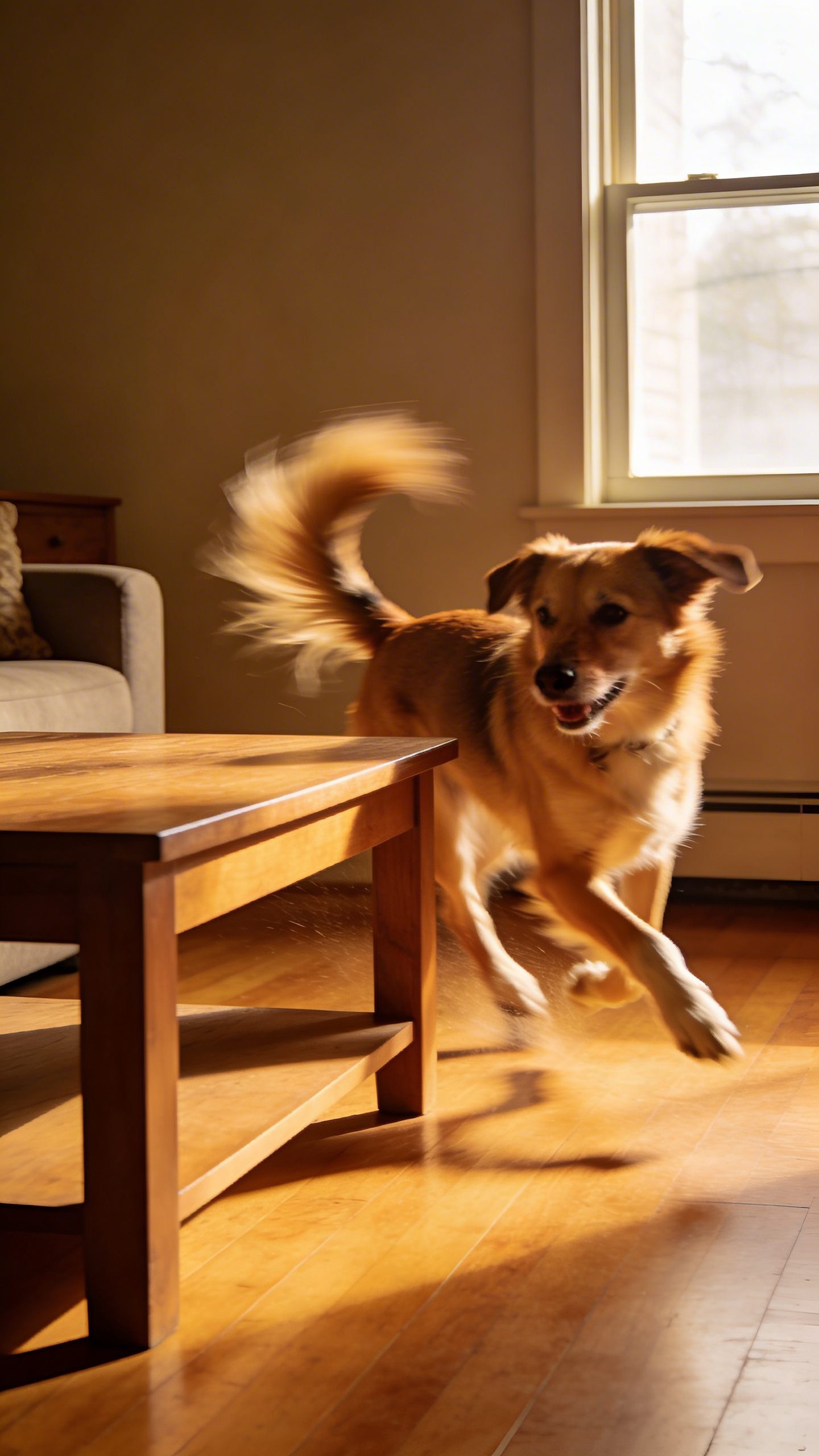 Energetic dog sprinting around living room coffee table