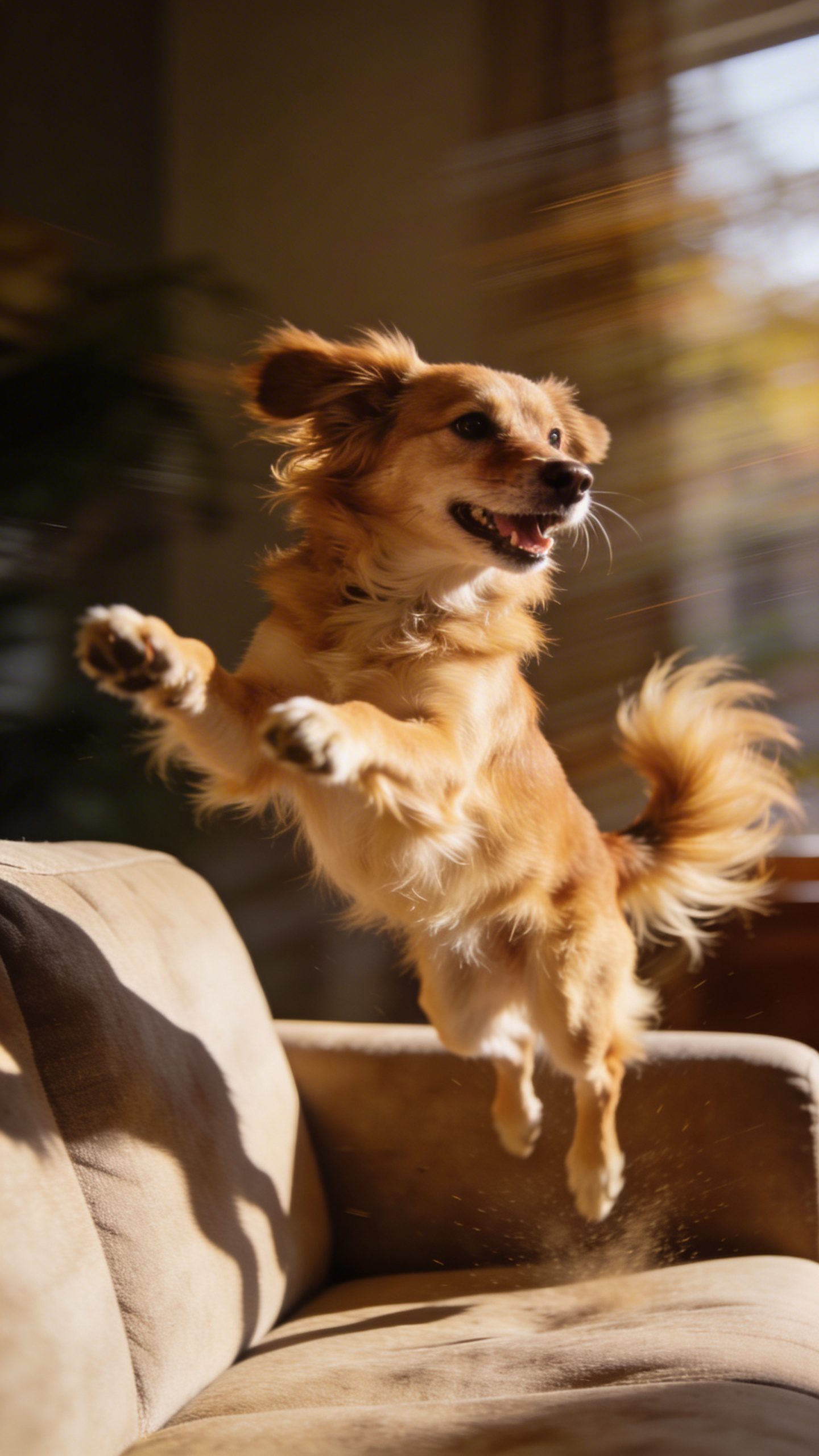 Excited dog mid-leap off couch, action shot