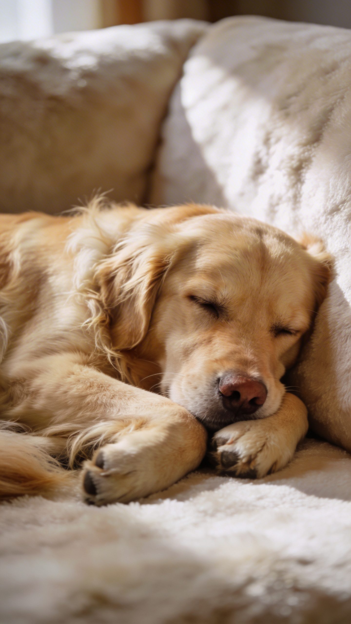 Calm dog resting peacefully on couch, before zoomies