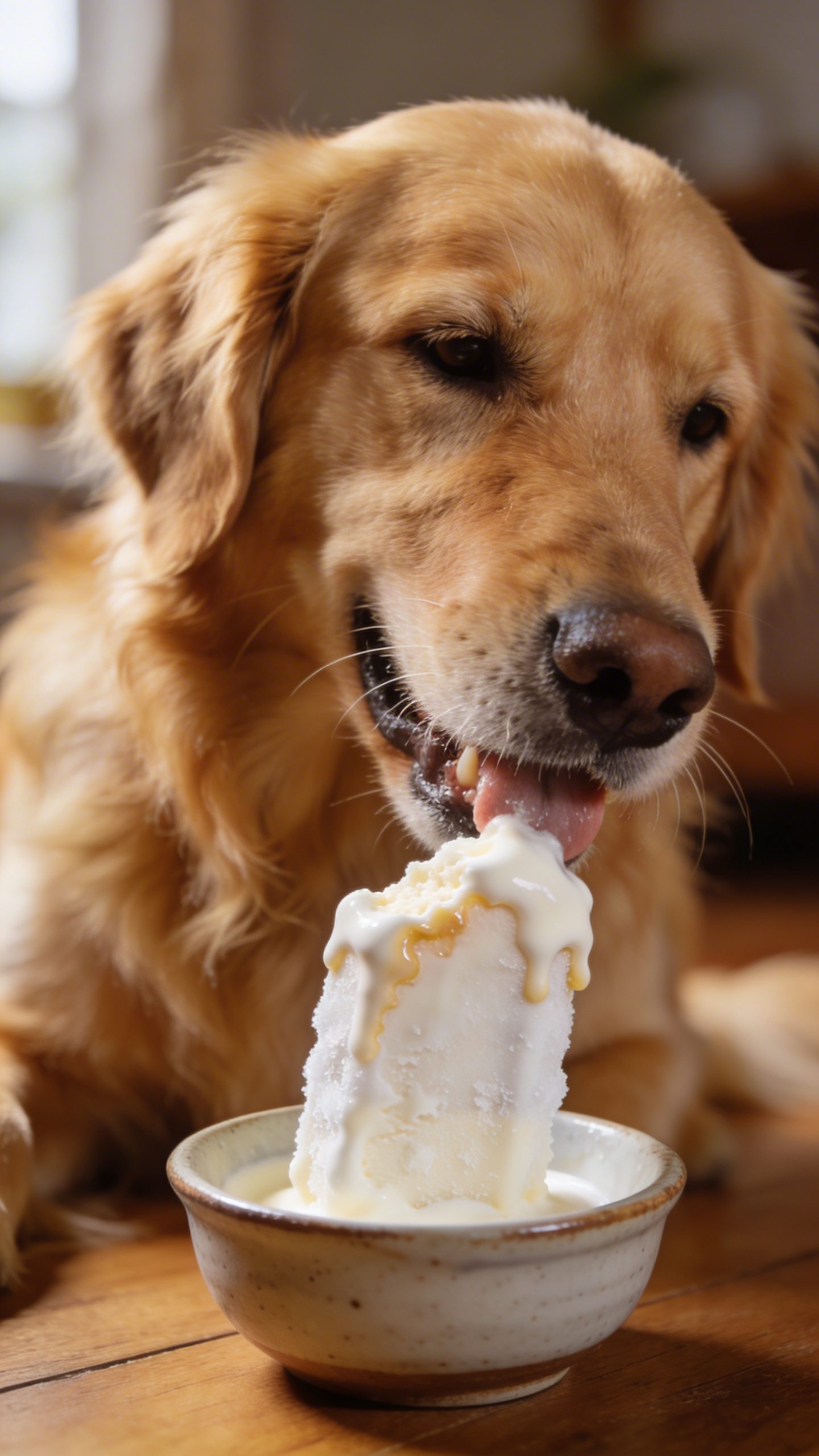 Golden retriever eating frozen Greek yogurt dog treat