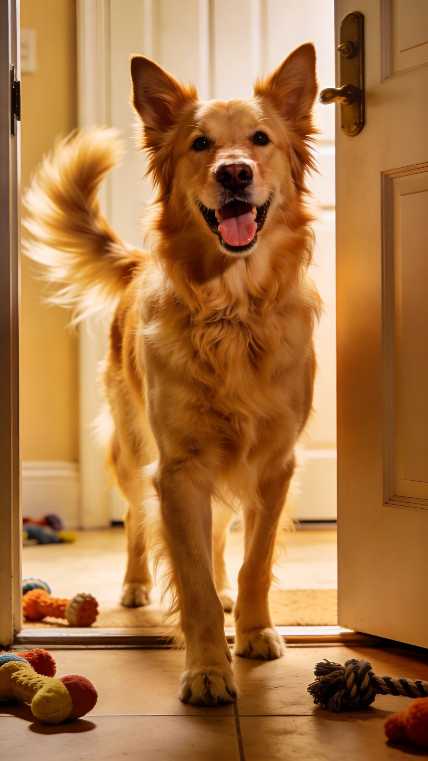 Happy golden retriever greeting owner at front door