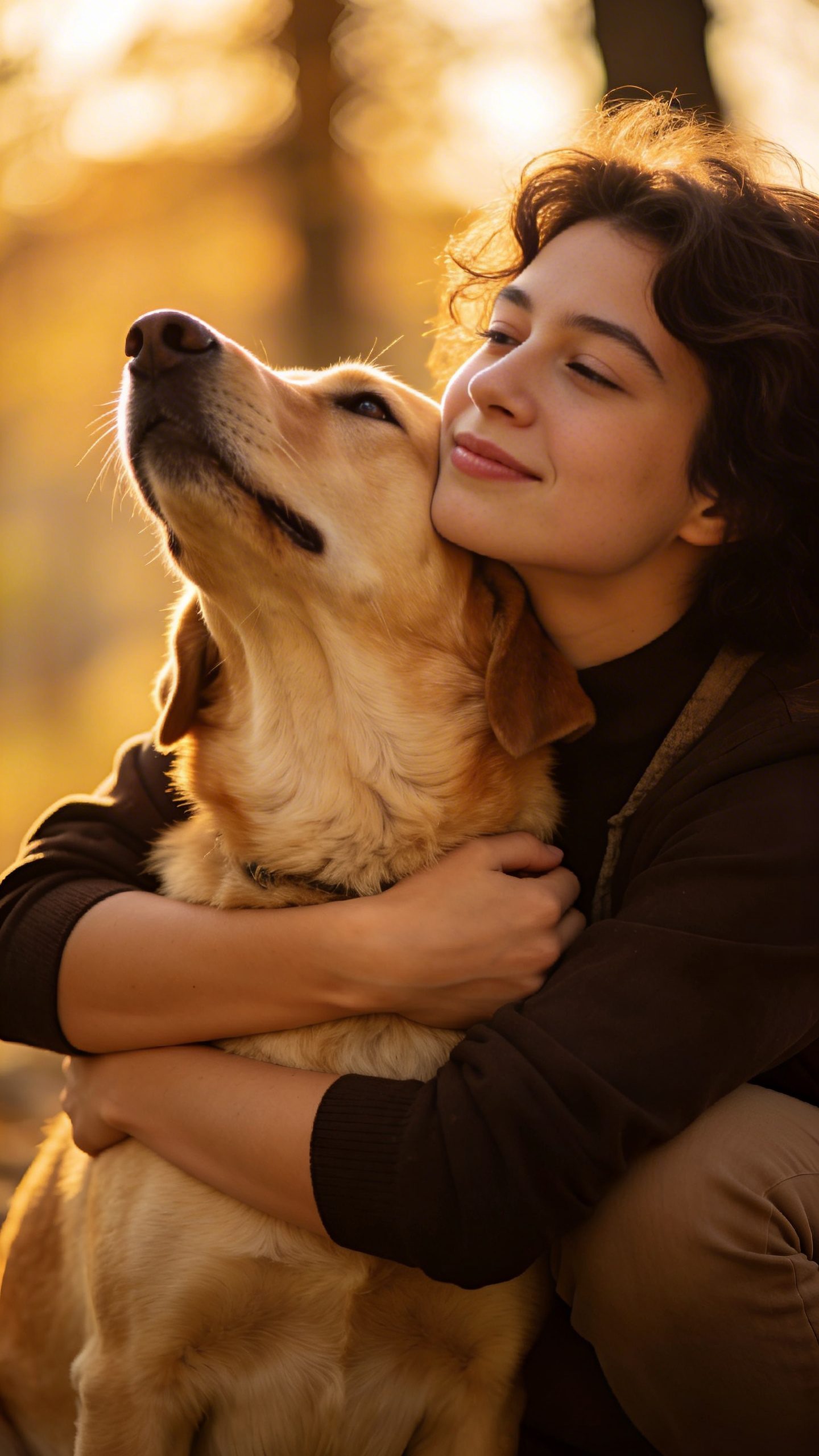 Dog and owner embracing showing emotional bond