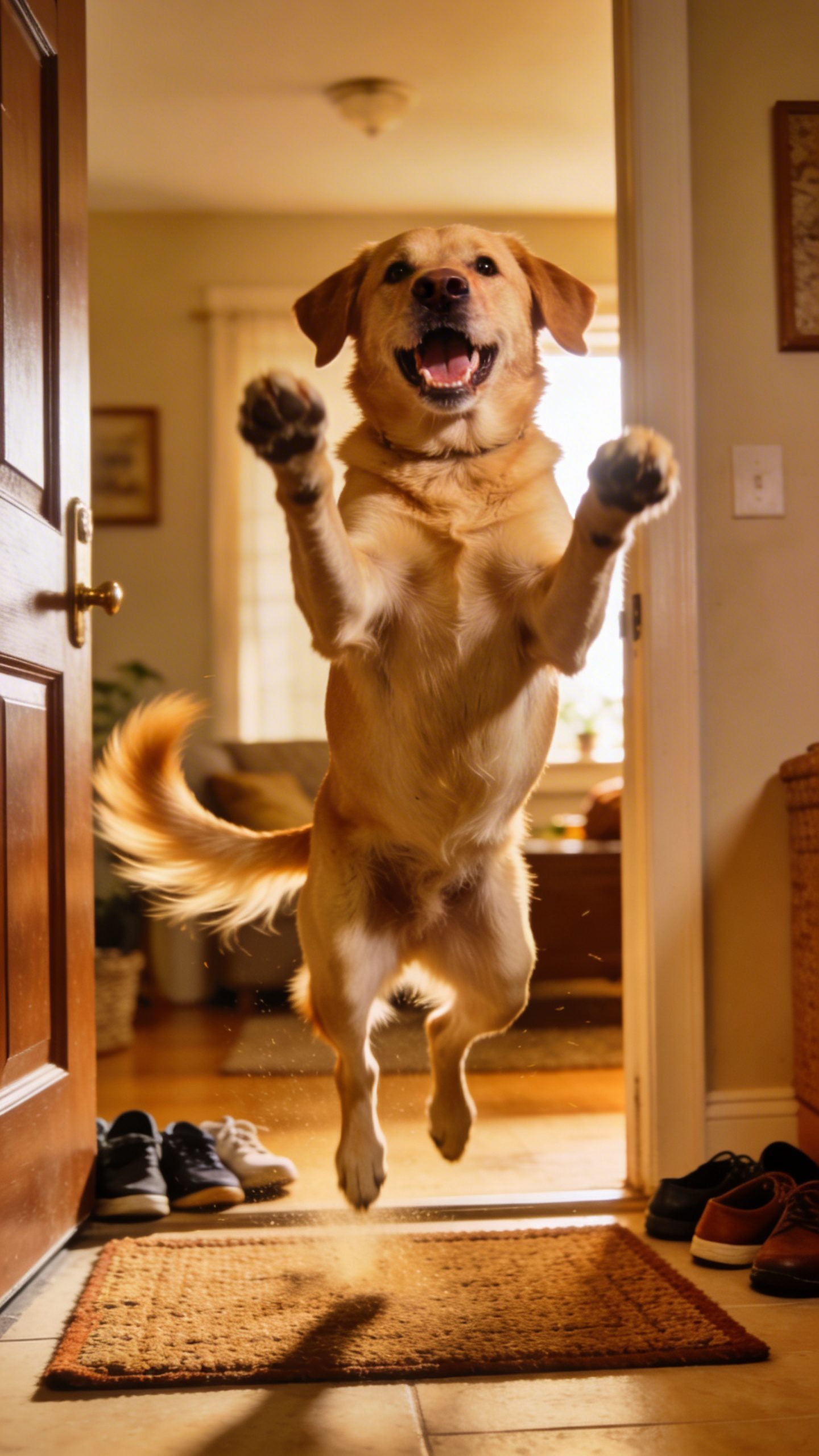 Excited labrador jumping with joy at homecoming