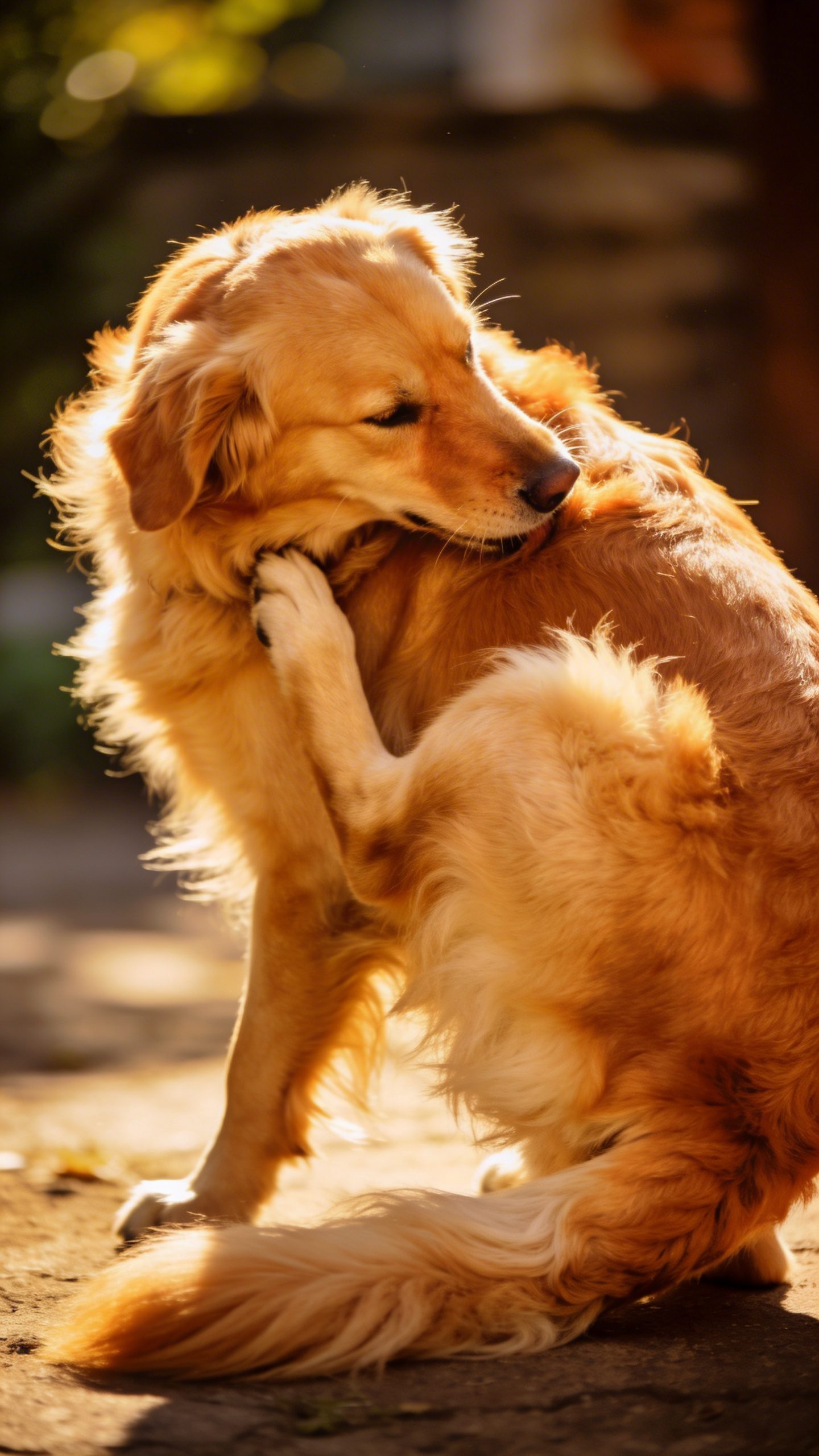 Golden retriever scratching neck with back leg intensely