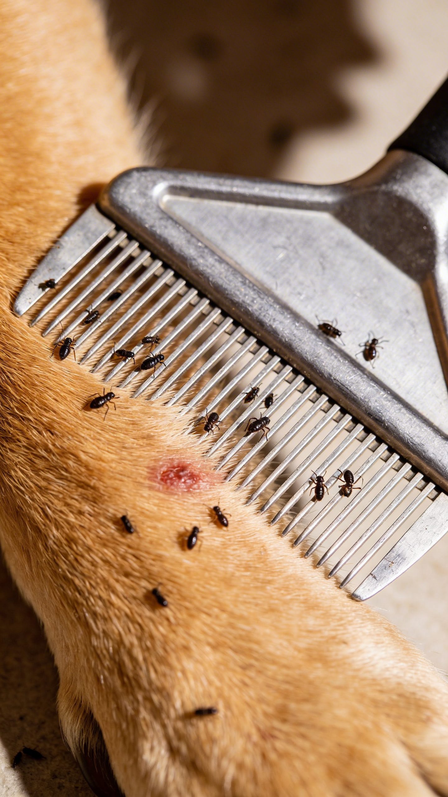 Close-up of flea comb removing fleas from dog