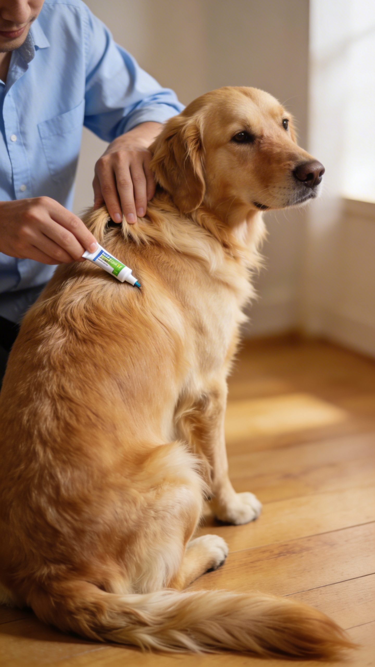 Dog owner applying topical flea treatment to pet