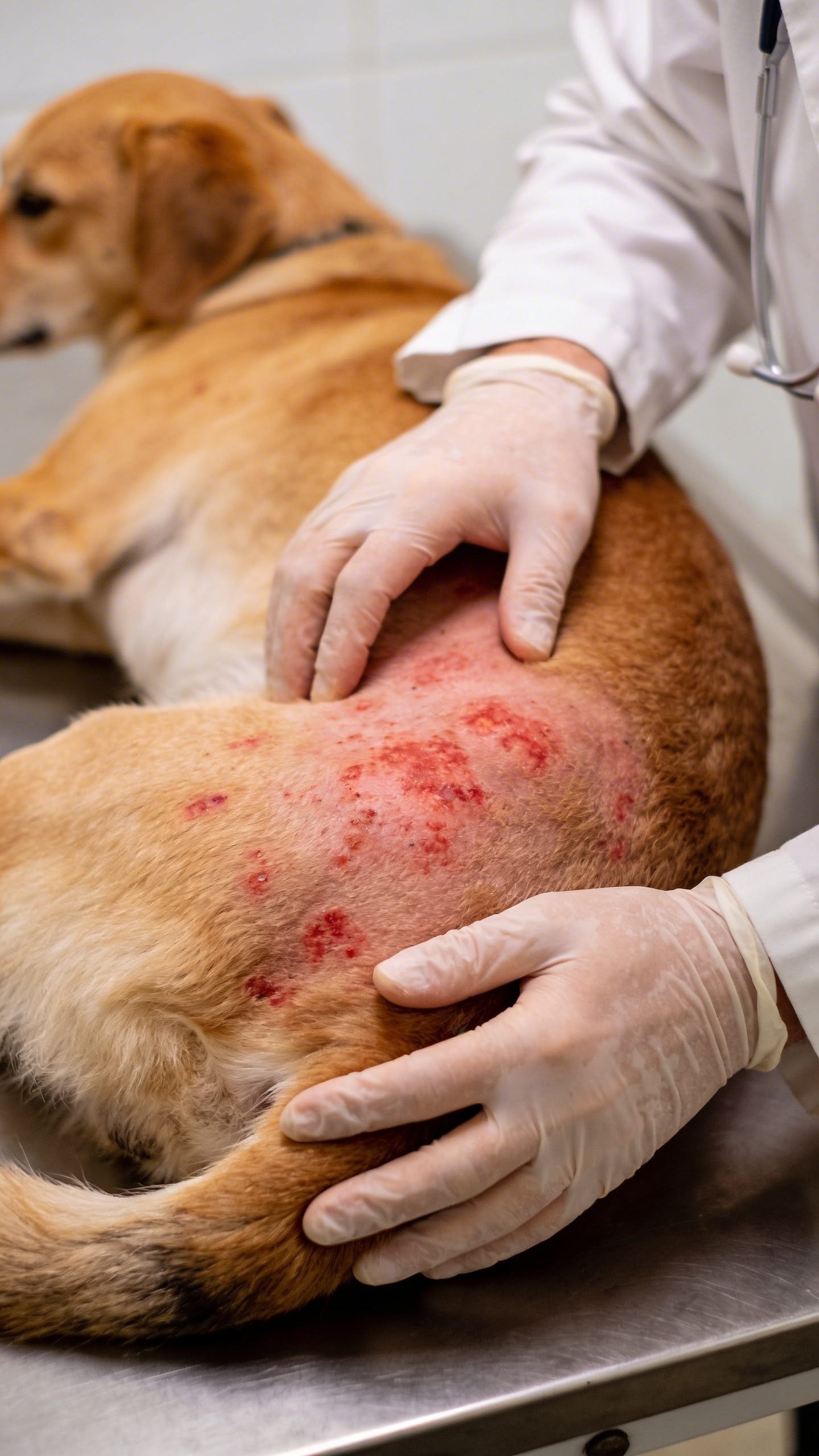 Veterinarian examining itchy dog's irritated red skin