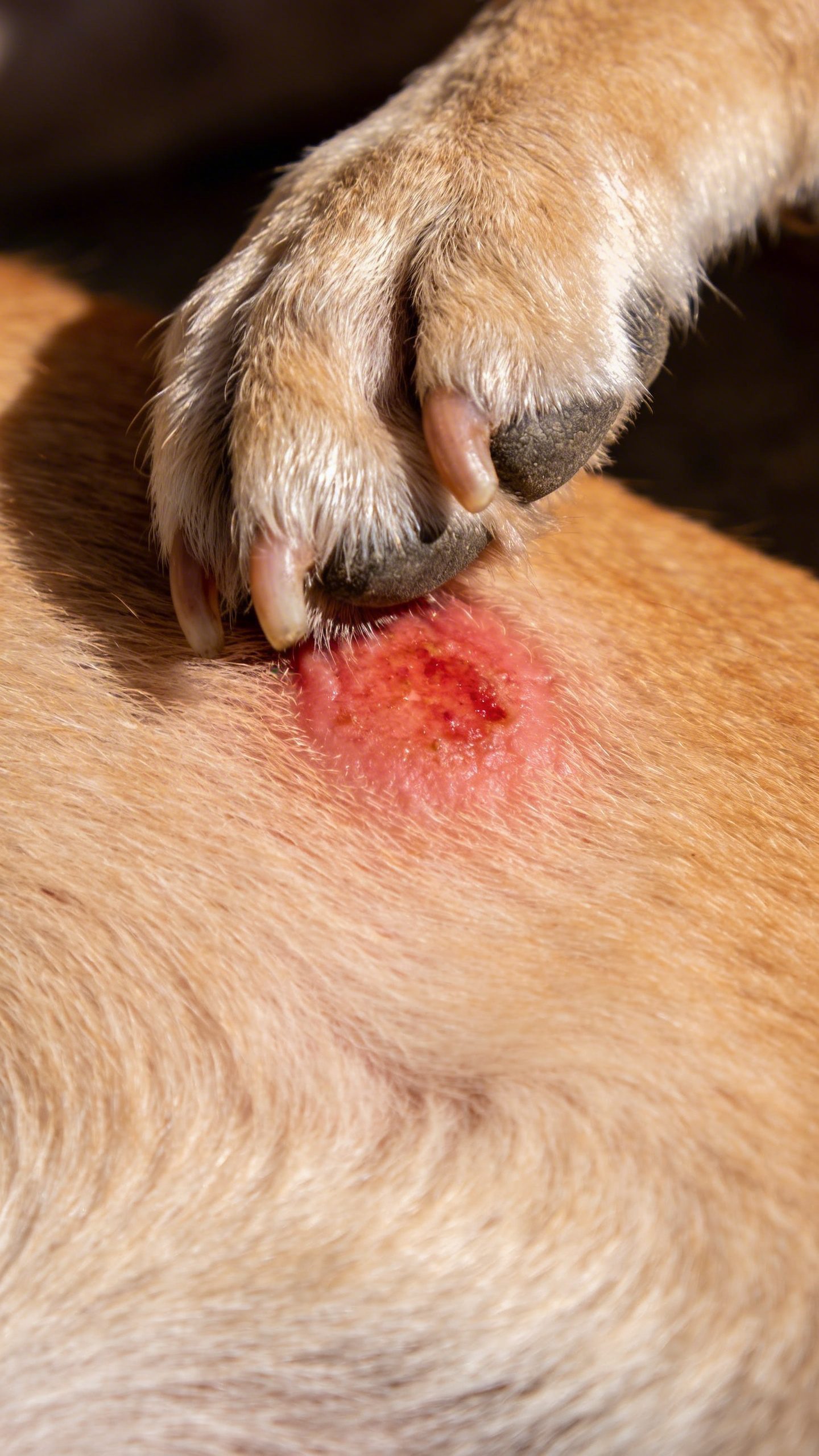 Dog scratching hotspot on skin close-up view