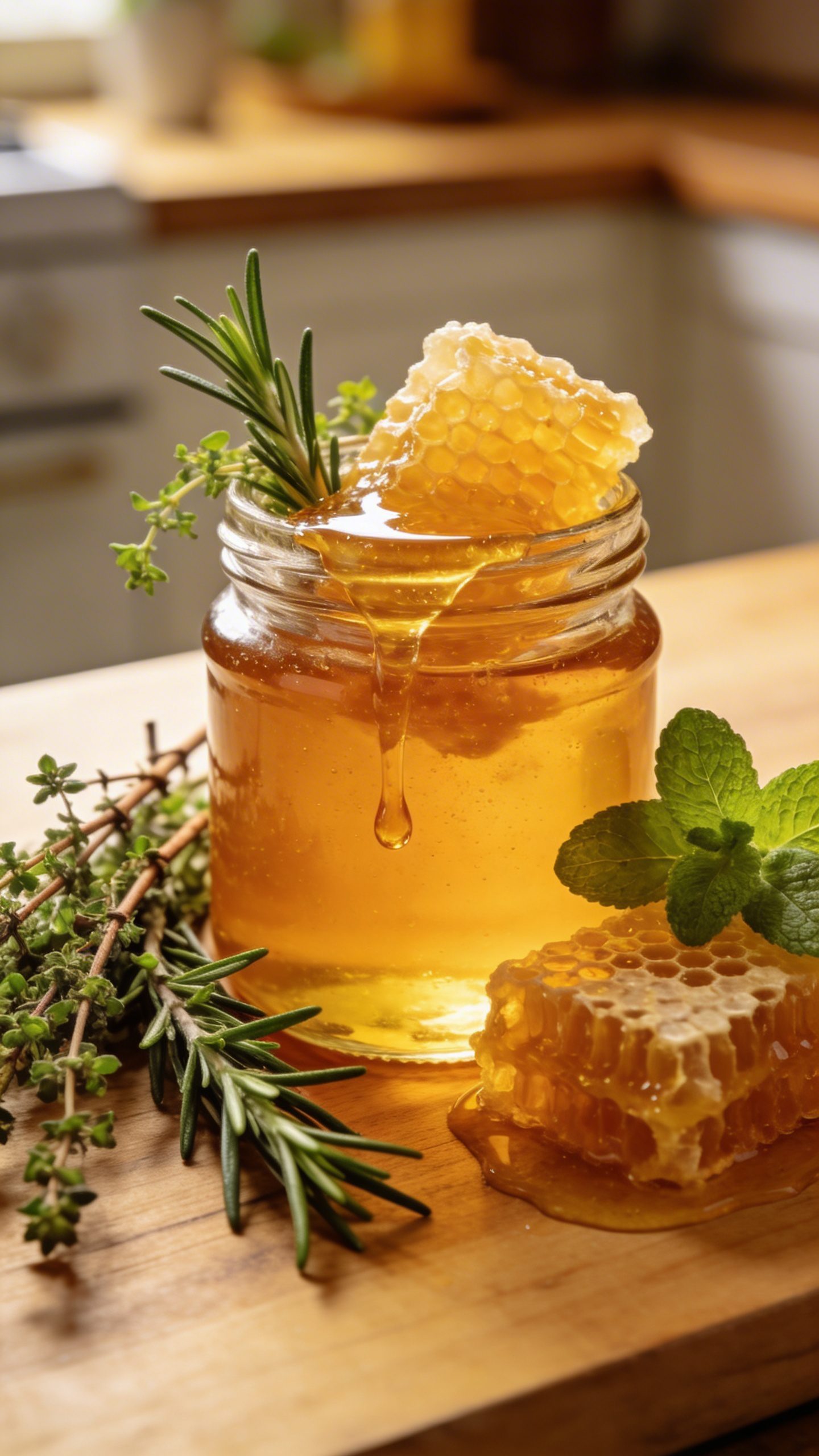 Natural honey and herbs on kitchen counter