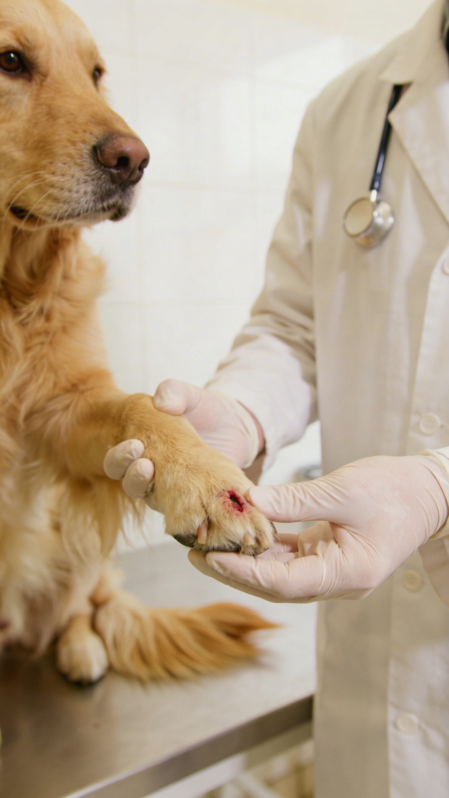 Veterinarian examining small cut on golden retriever