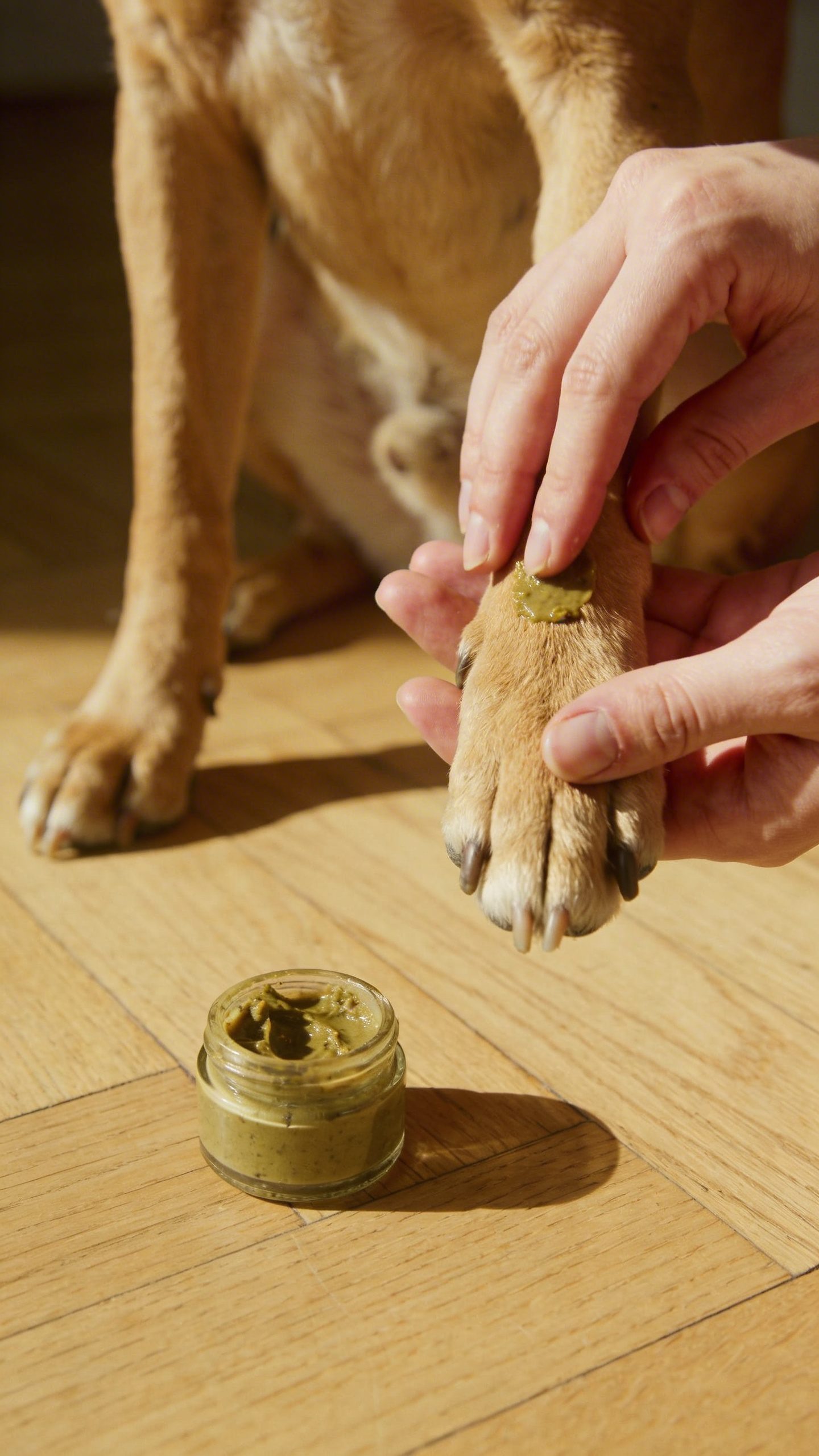 Dog owner applying natural remedy to pet's paw