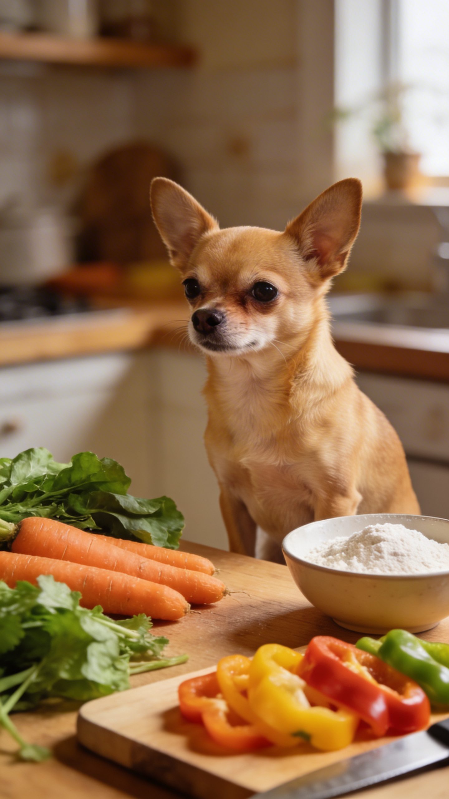 Tan Chihuahua sitting beside food preparation ingredients