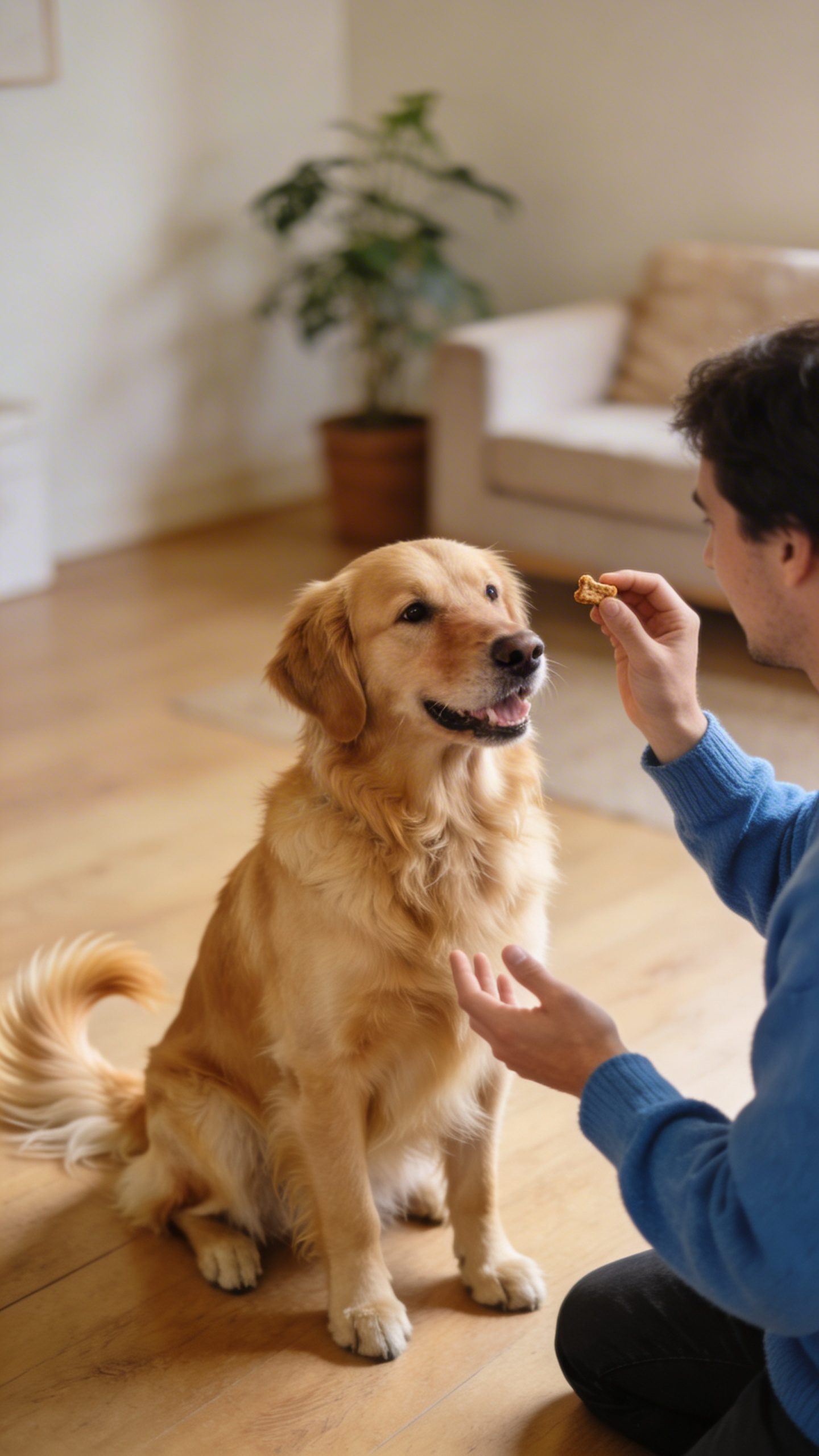 Owner training golden retriever to sit indoors