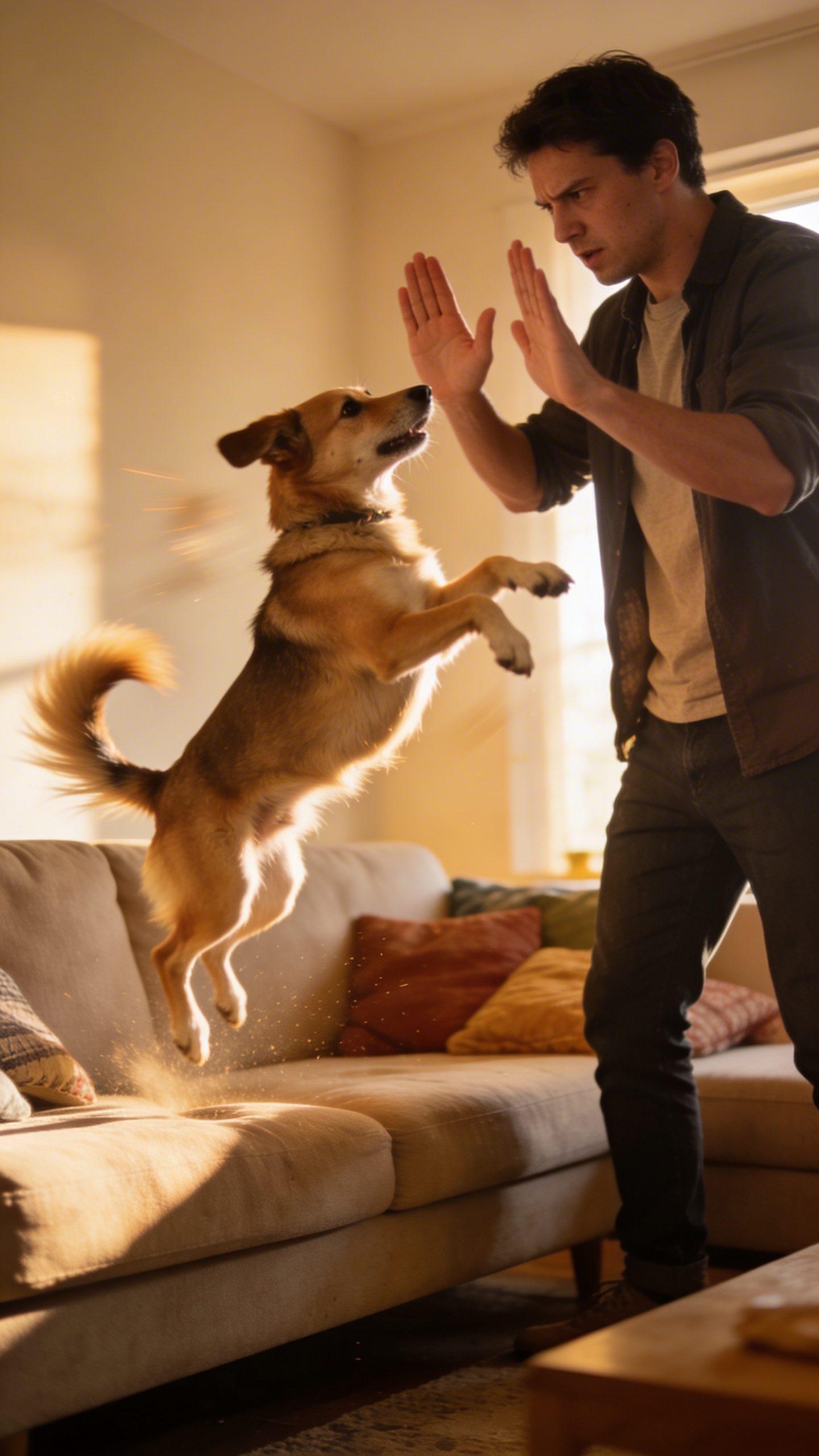 Dog jumping on couch while owner gestures no