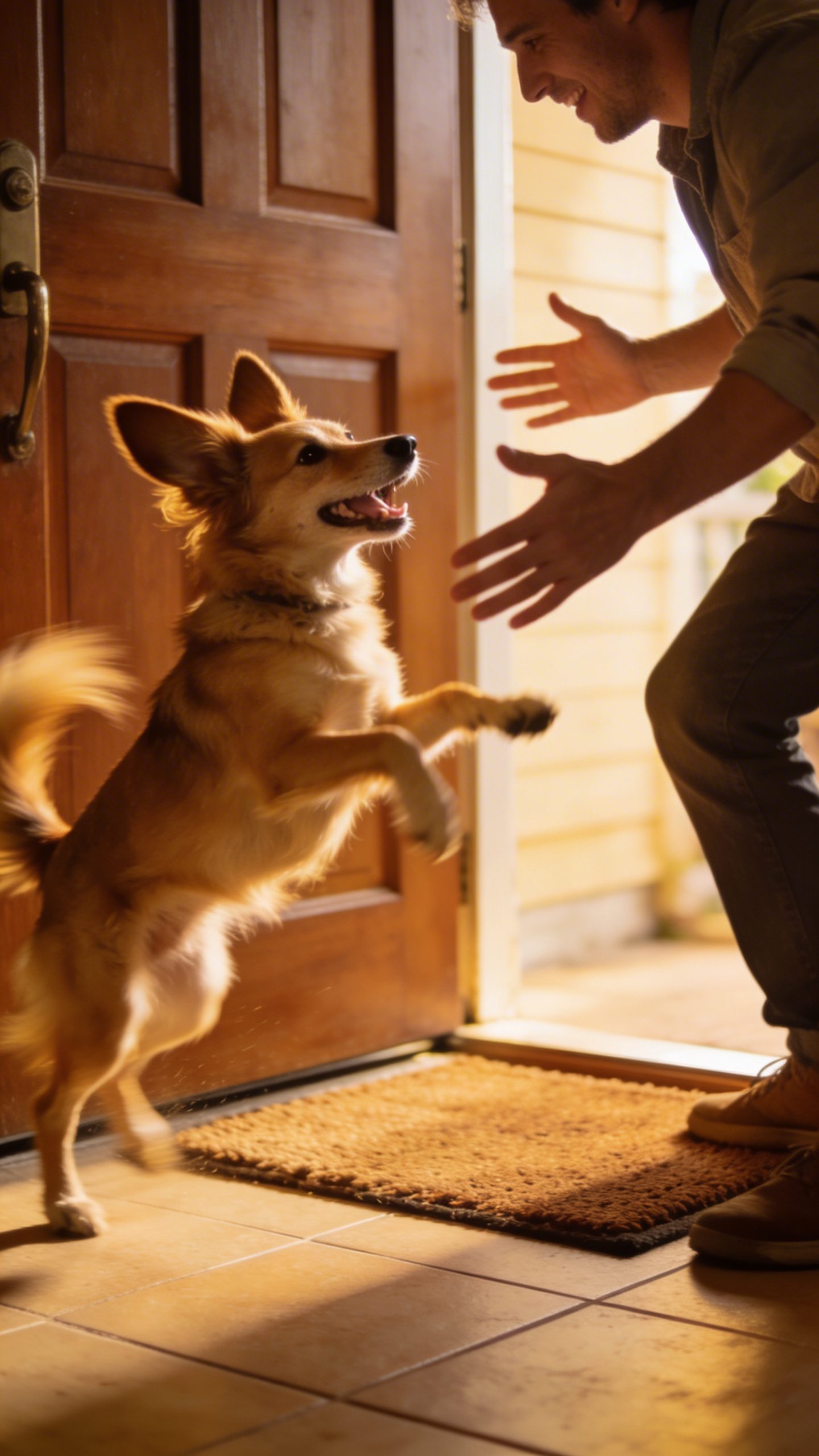 Excited dog greeting owner at front door entrance
