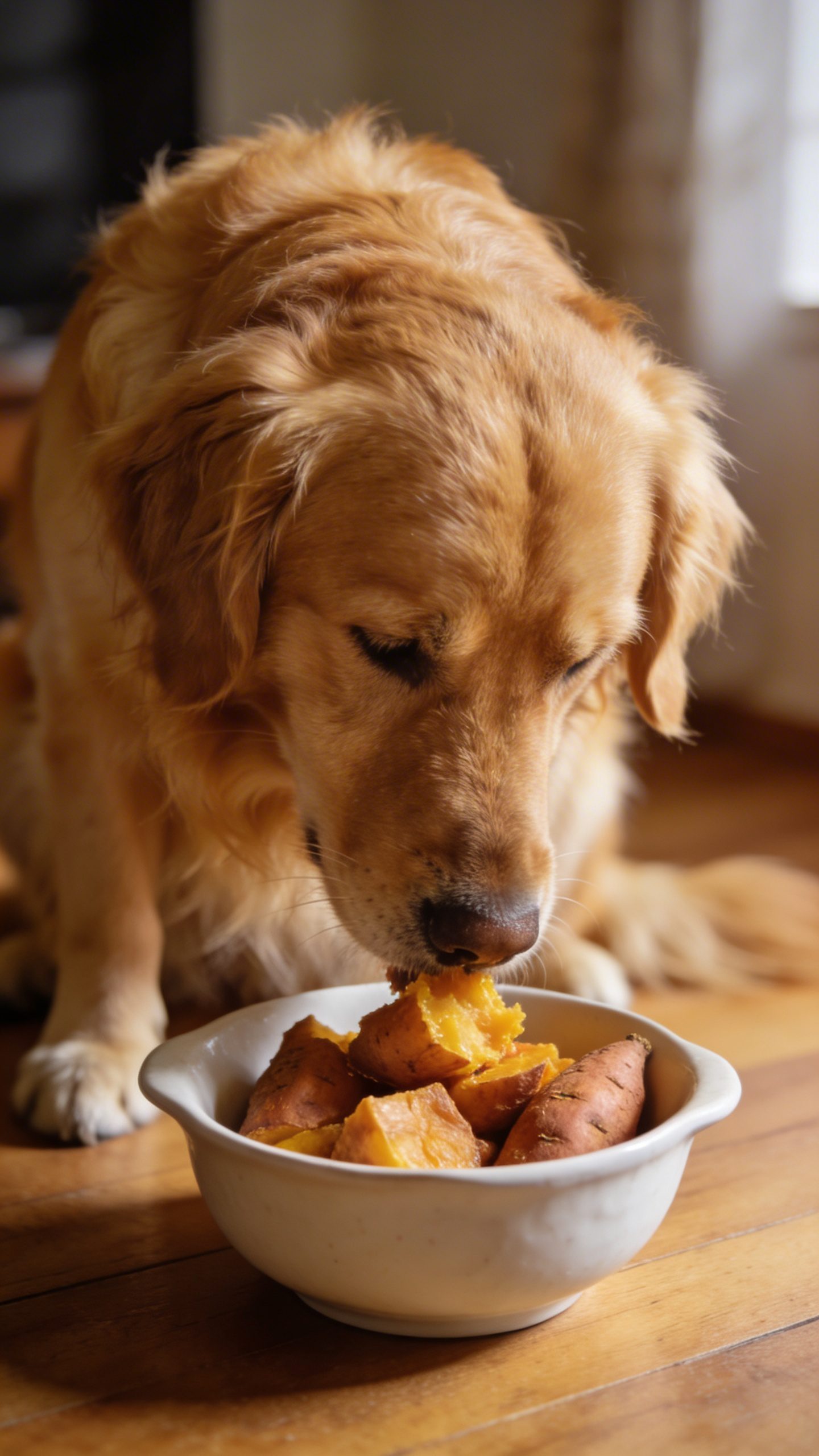 Golden retriever eating cooked sweet potato from bowl