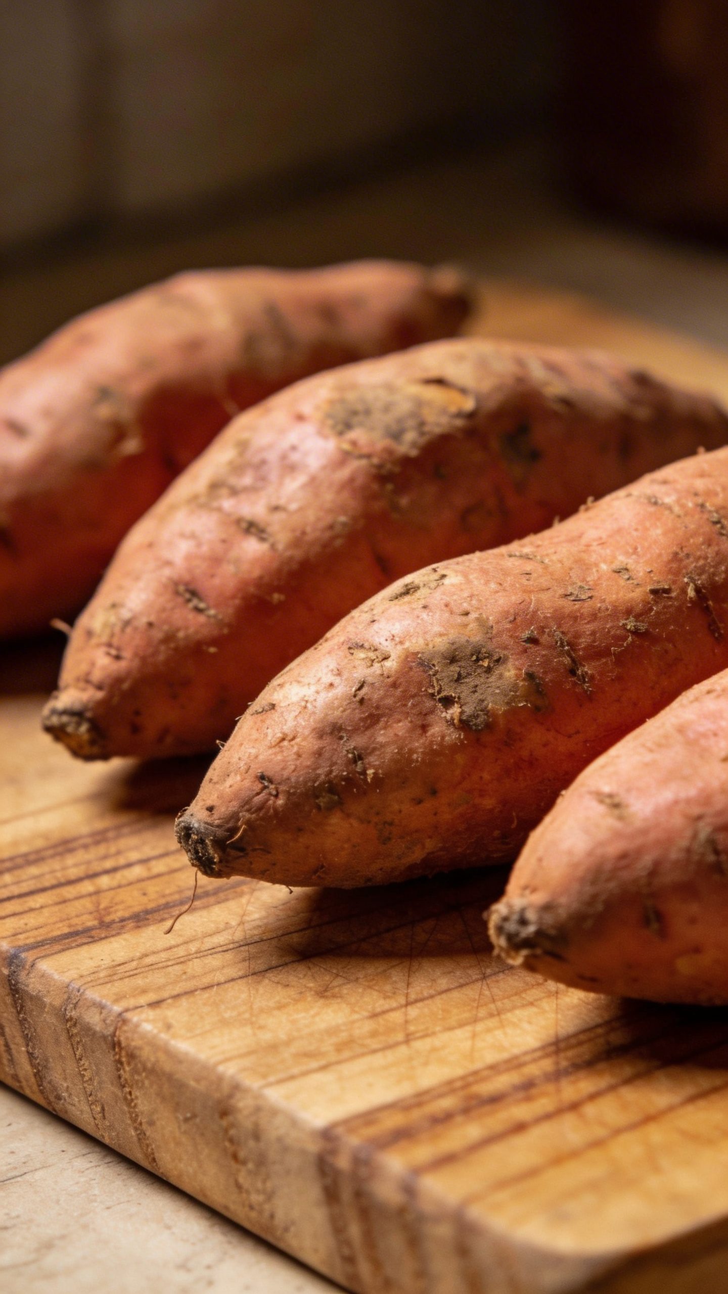 Raw sweet potatoes on wooden kitchen cutting board